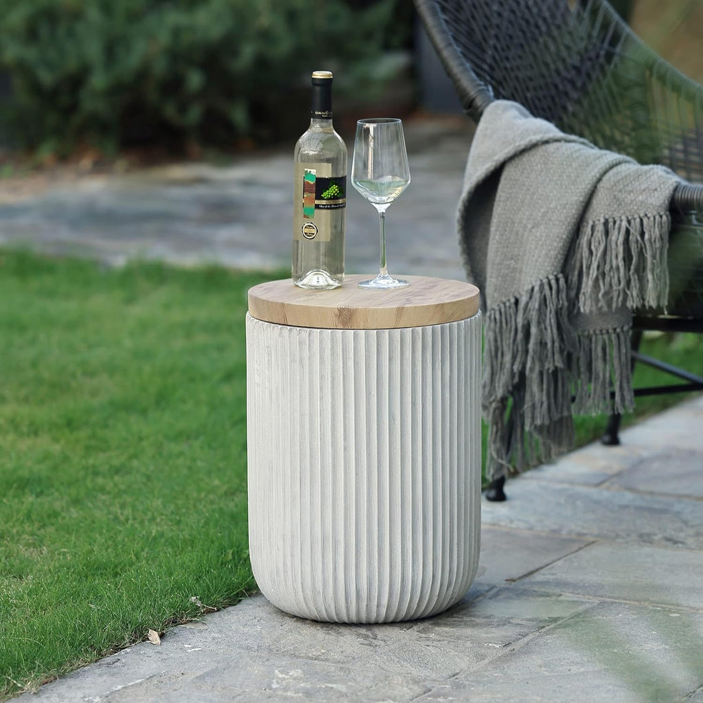 LuxenHome 18' Outdoor Side Table with Storage, Cement Patio End Table with Wood Finish Lid, Accent Table for Patio, Porch, Poolside, Backyard, Outside, Indoor, Garden Stool, Drum, Plant Stand