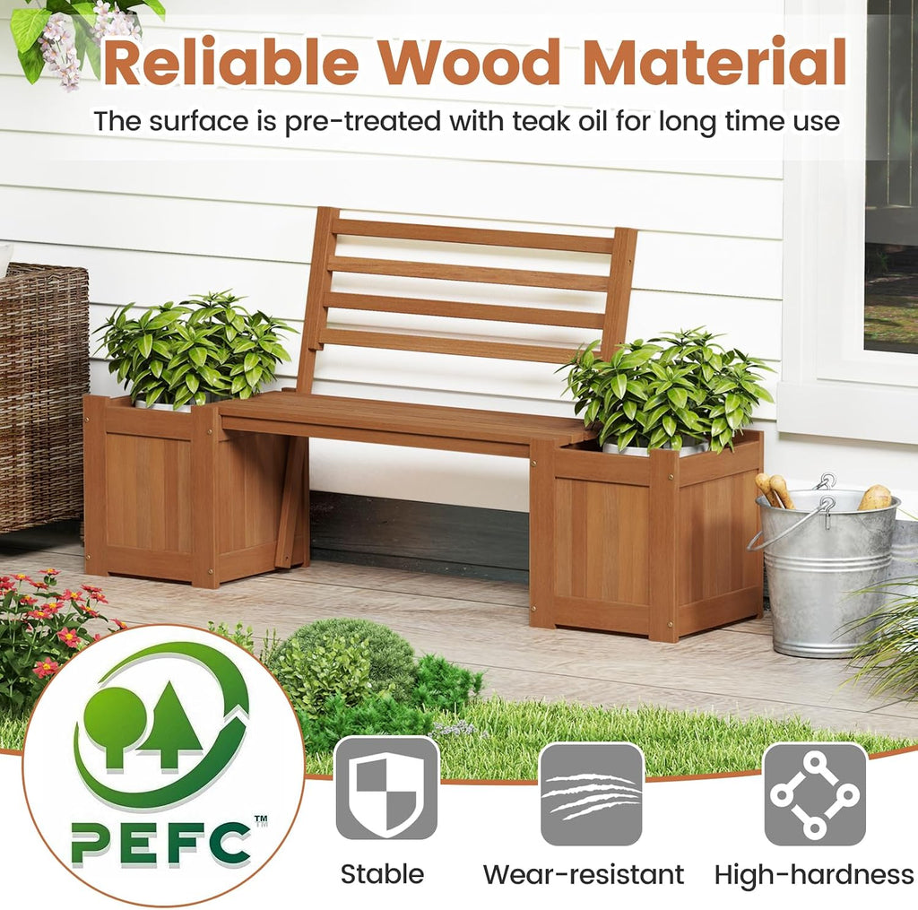 Giantex 2-in-1 Outdoor Bench with Backrest & 2 Raised Garden Beds, Wood with Teak Oil Finish, Planter Boxes with Open-Ended Base, Garden Bench Seat for Porch Balcony Lawn Yard, DIY Assembly