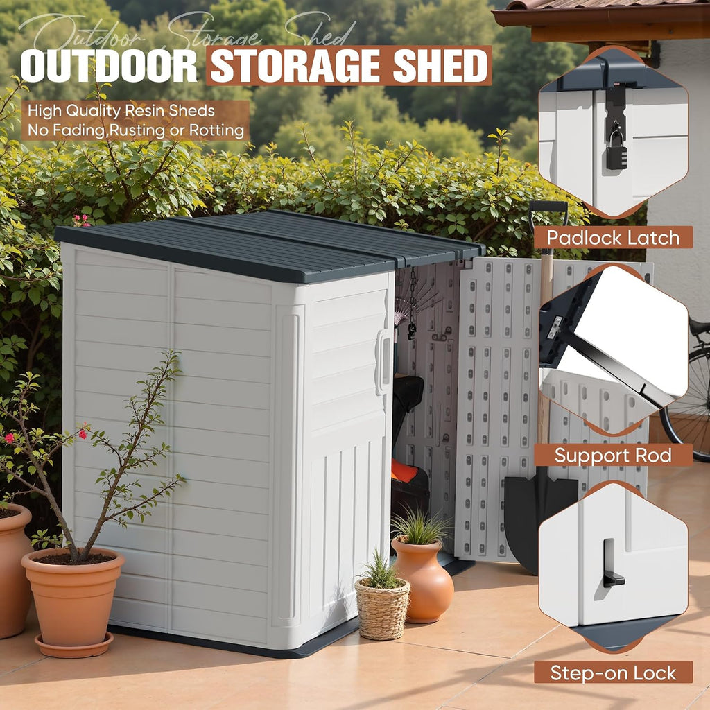 TUOZE 34 Cu Ft Resin Storage Shed with 2 Shelves, Waterproof Outdoor Storage Cabinet with Sloping Roof & Lockable Lid for Garden Tools, Trash Cans (Beige)