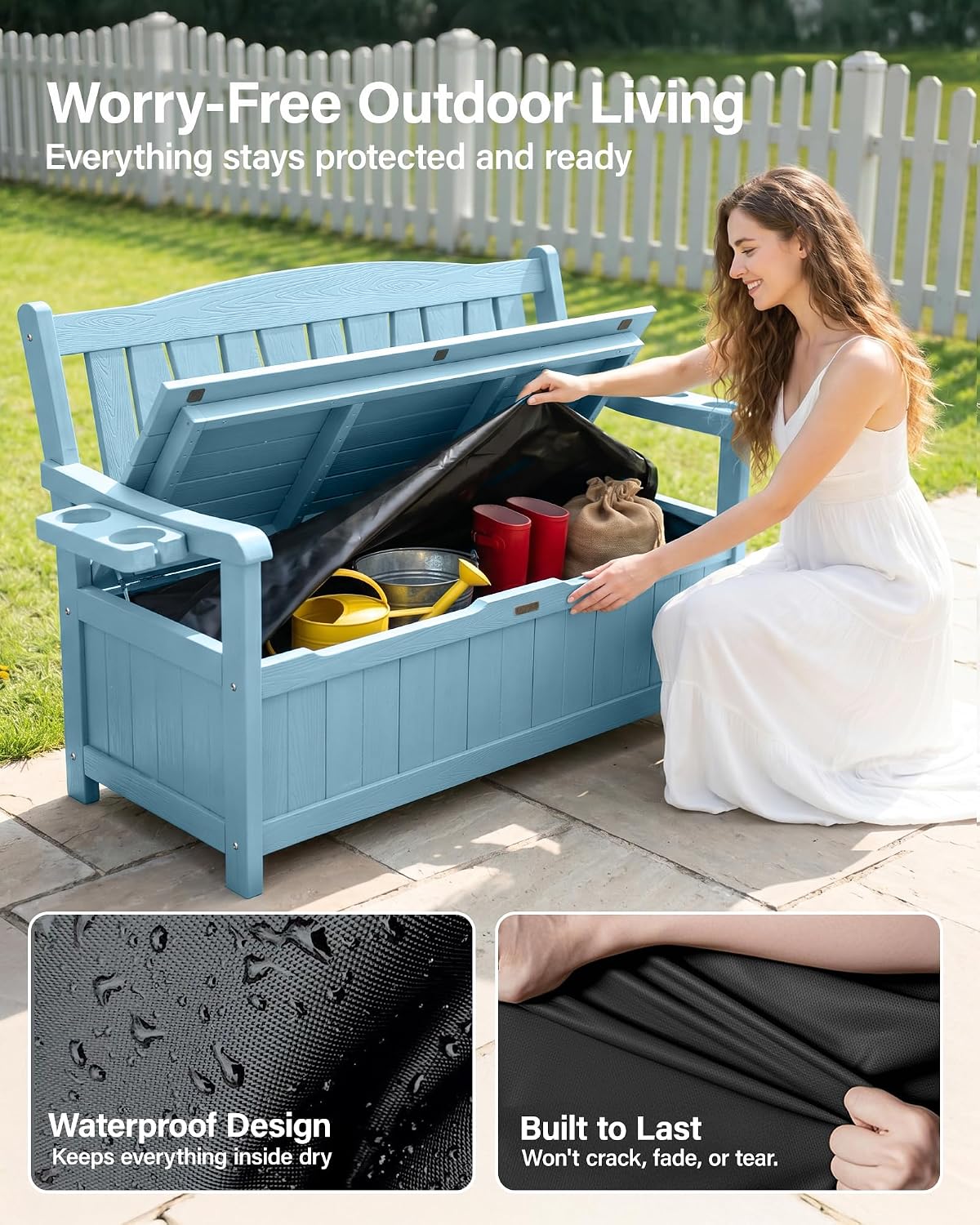 YEFU Outdoor Storage Bench for Patio: Heavy Duty Garden Bench with 96° High Backrest & Oversized Seating - HIPS Weatherproof Patio Bench with Storage for Porch Park Backyard, Blue