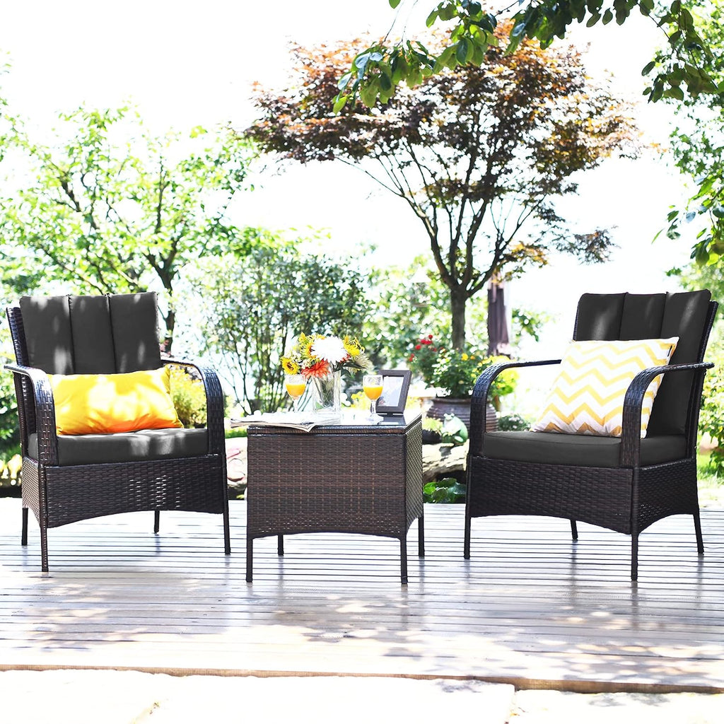 COSTWAY 3 Pieces Patio Rattan Furniture Set, Outdoor Conversation Chair Set with Coffee Table & 2 Cushions for Backyard, Porch, Poolside, Lawn, Garden, Grey