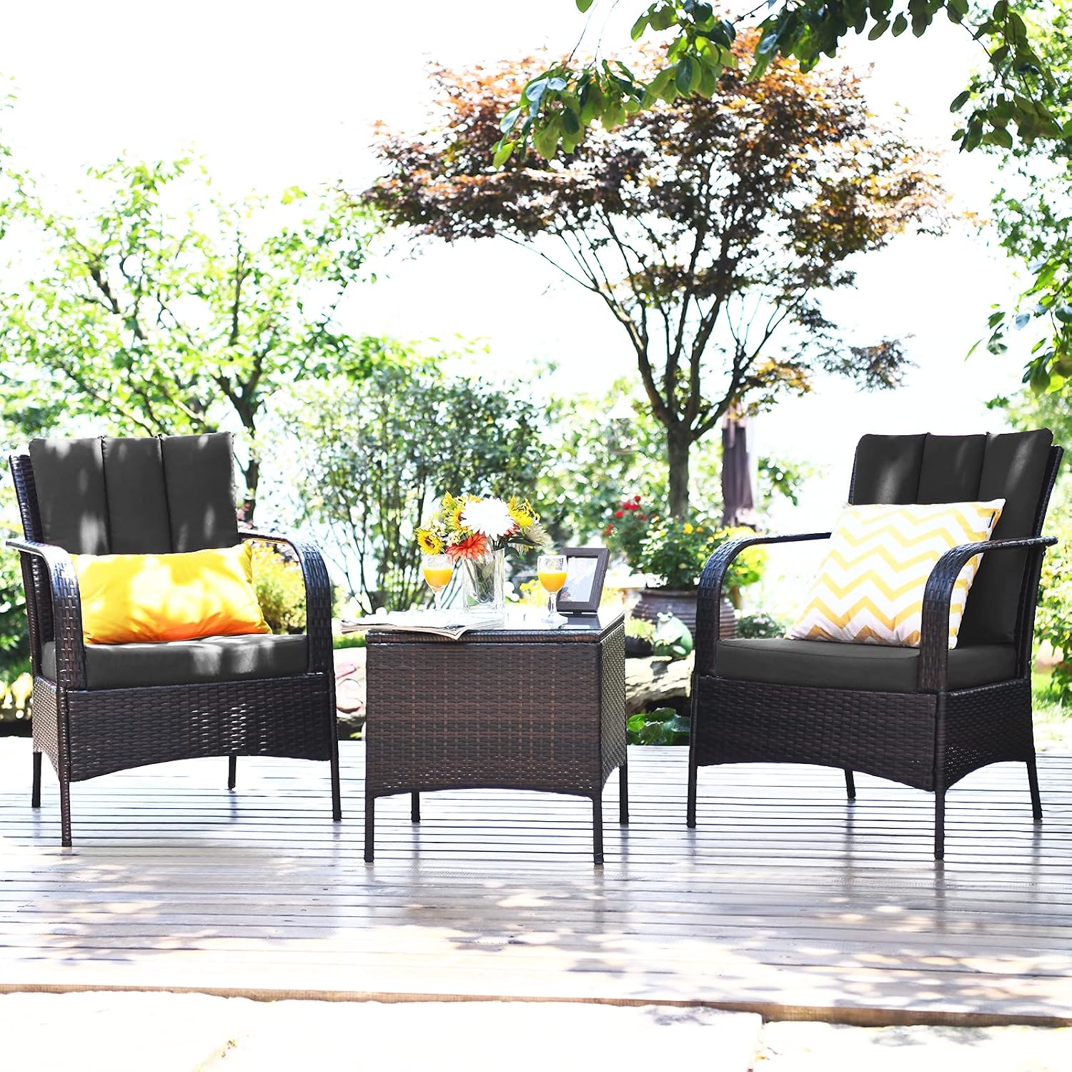 COSTWAY 3 Pieces Patio Rattan Furniture Set, Outdoor Conversation Chair Set with Coffee Table & 2 Cushions for Backyard, Porch, Poolside, Lawn, Garden, Grey