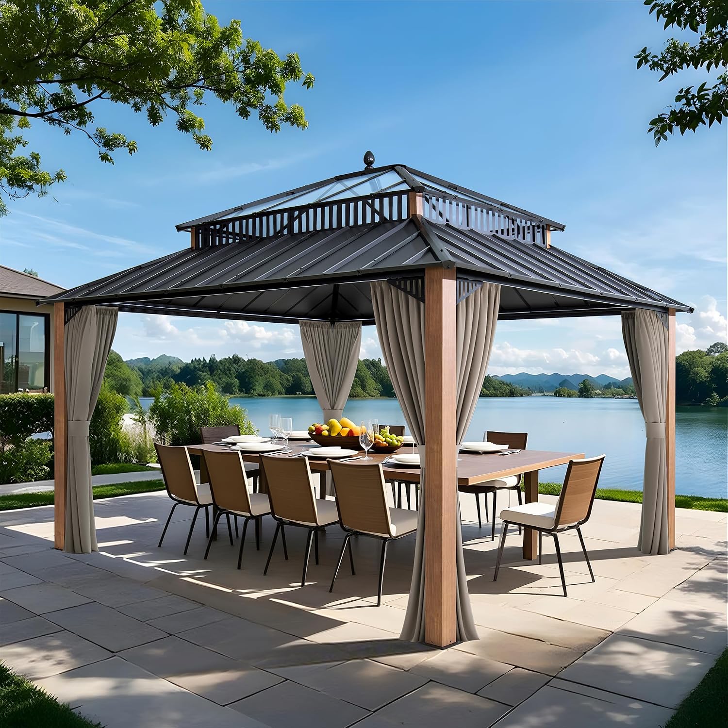 SUNJOY Kingston 14' x 12' Hardtop Gazebo with Galvanized Steel/Polycarbonate Double Roof, Curtain and Netting, Woodgrain Finish Aluminum Posts Permanent Pavilion Gazebo for Garden, Patio, Deck, Lawn