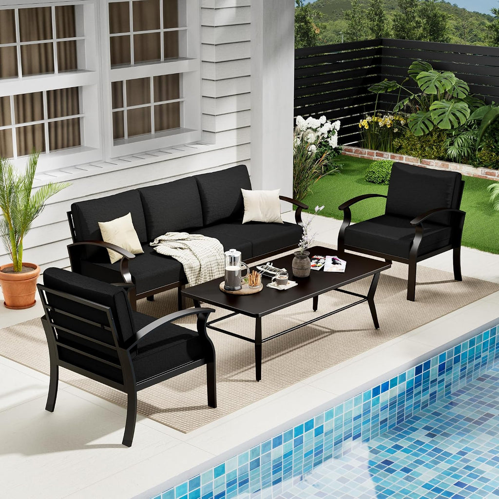 Aluminum Outdoor Patio Conversation Furniture Set,5 Seats Metal Modern Outdoor Furniture with Coffee Table & Washable 5.1' Thick Cushions,Patio Sectional for Backyard,Patio,Black
