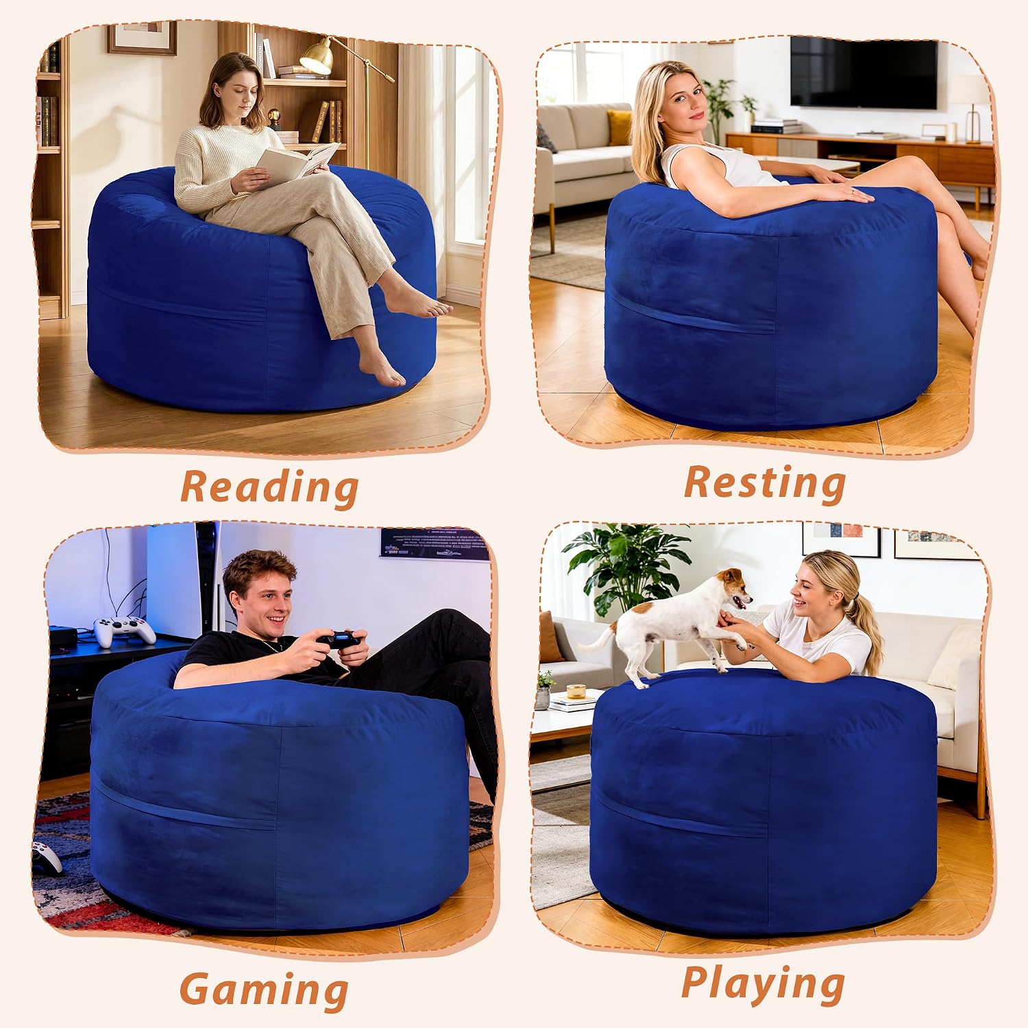 4FT Bean Bag Chair, Bean Bag Chairs for Adults and Kids, Fluffy and Comfy Bean Bag with Velvet Cover, Bean Bag with Memory Foam Filled for Gaming, Living Room, Playroom (Blue)
