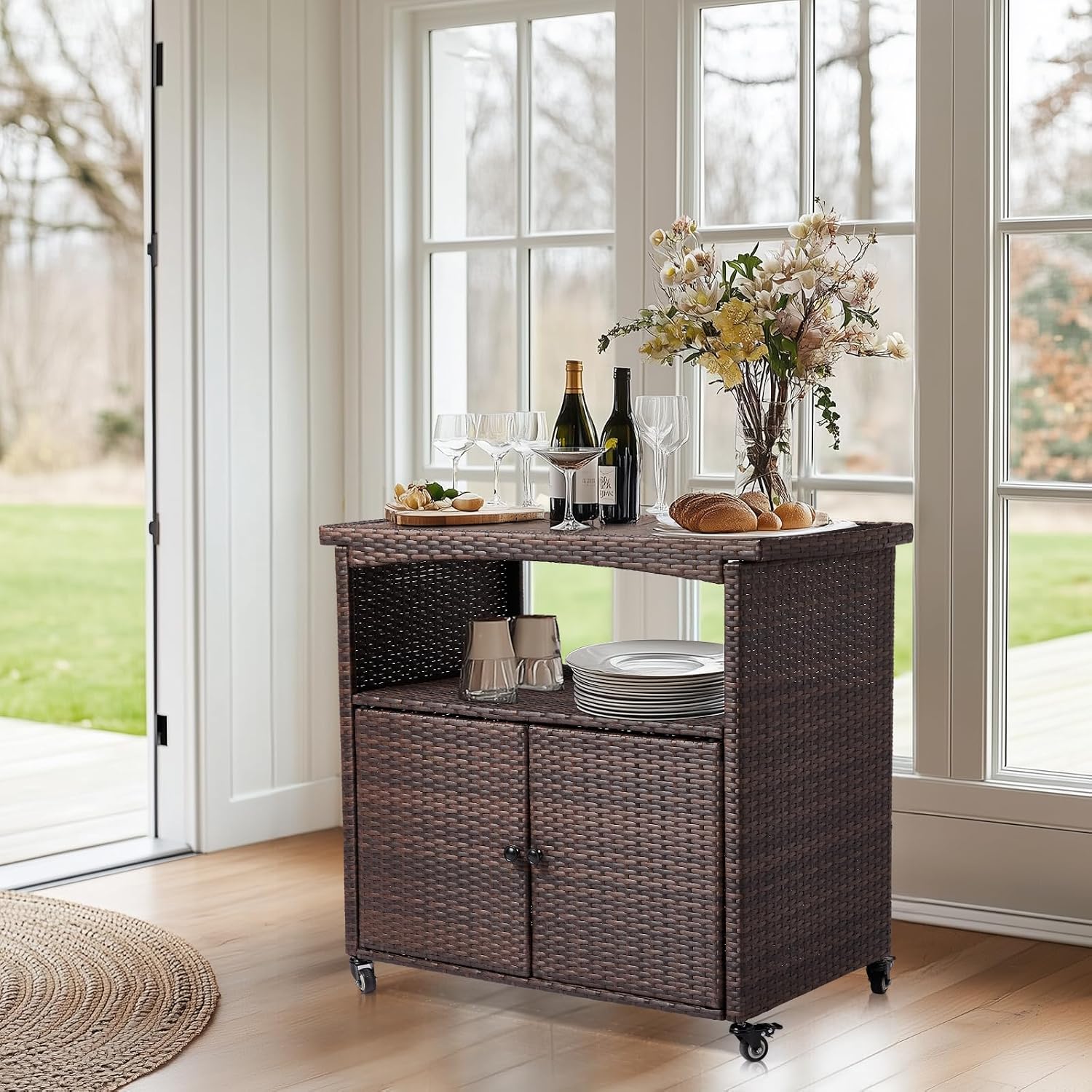 Outvita Patio Bar Table, Weatherproof Buffet Cabinet Wicker Outdoor Storage Cart with 2 Doors & Shelves Wooden Tabletop for Tableware Wine Bottle and Glass, Towels, and Potting Supplies