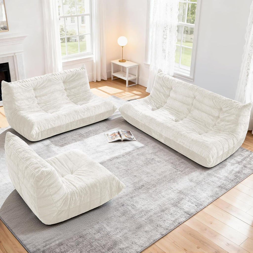 Bean Bag Loveseat Chair Big Sofa Beanbag Chair for Adults Fireside Chair Bean Bag Lounger with Memory Foam Filled for Home,Apartment or Gaming Venue（Beige Plush）