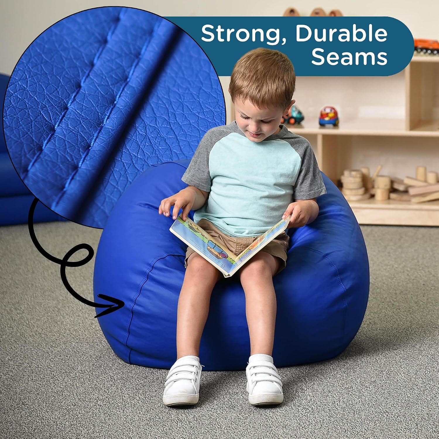 Children's Factory 26' Round Bean Bag, Bean Bag Chair with Water-Resistant Cover for Kids, Flexible Seating for Classroom Elementary, Easy to Clean, Blue