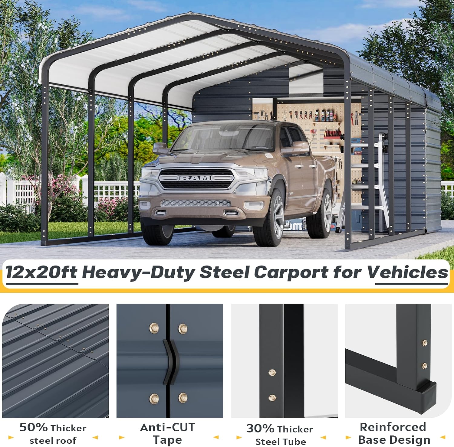 EROMMY 12x25 FT Metal Carport with Side Storage, Heavy Duty Enclosed Carport with Lockable Storage Room, Galvanized Steel Vehicle Shelter for Car, Truck & Tools