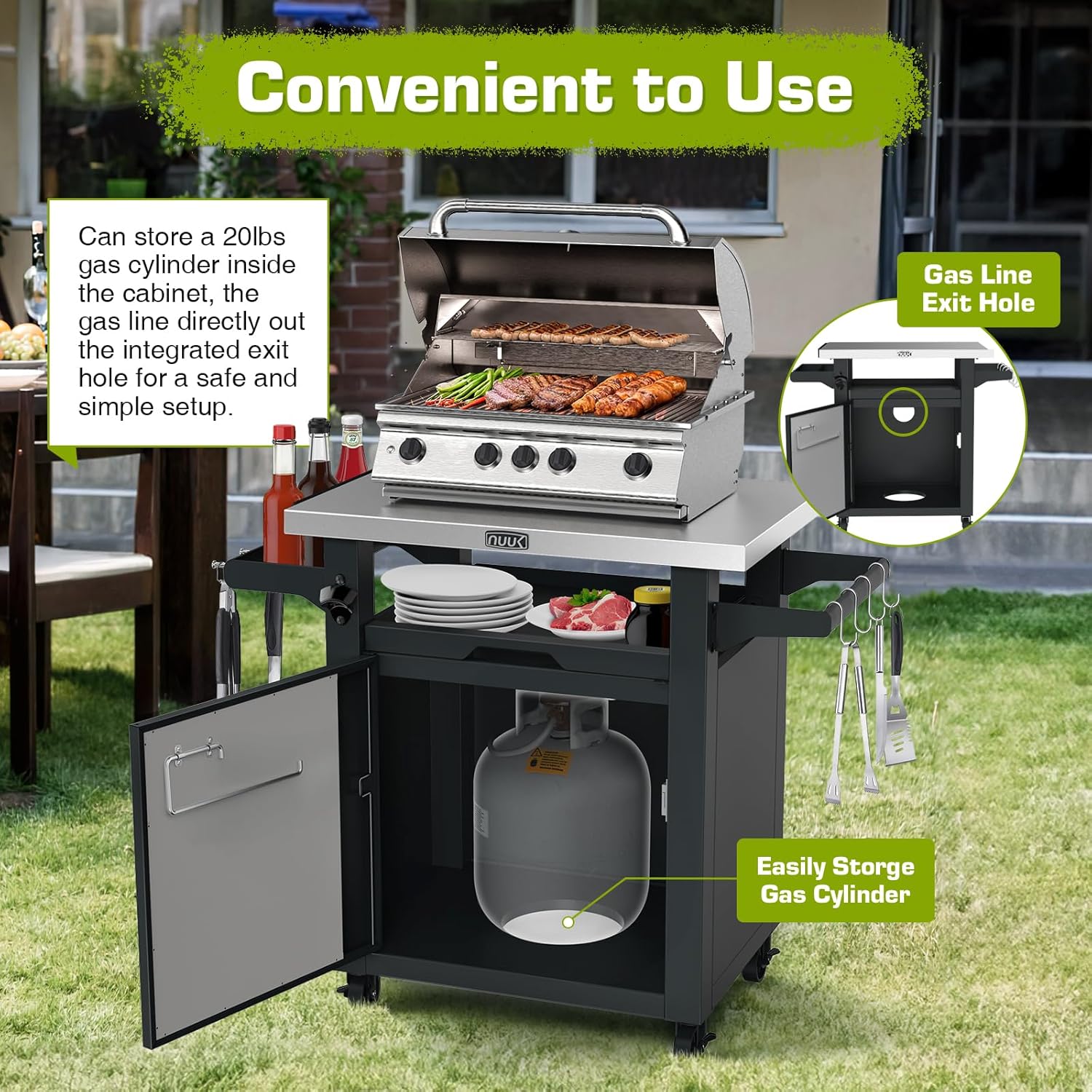 NUUK Grill Table with Storage Cabinet, Outdoor Bar Cart Pizza Oven Table with Wheels, Stainless Steel Top Kitchen Island 20' x 30' Rolling Prep Station for Indoor, BBQ, Deck, Backyard