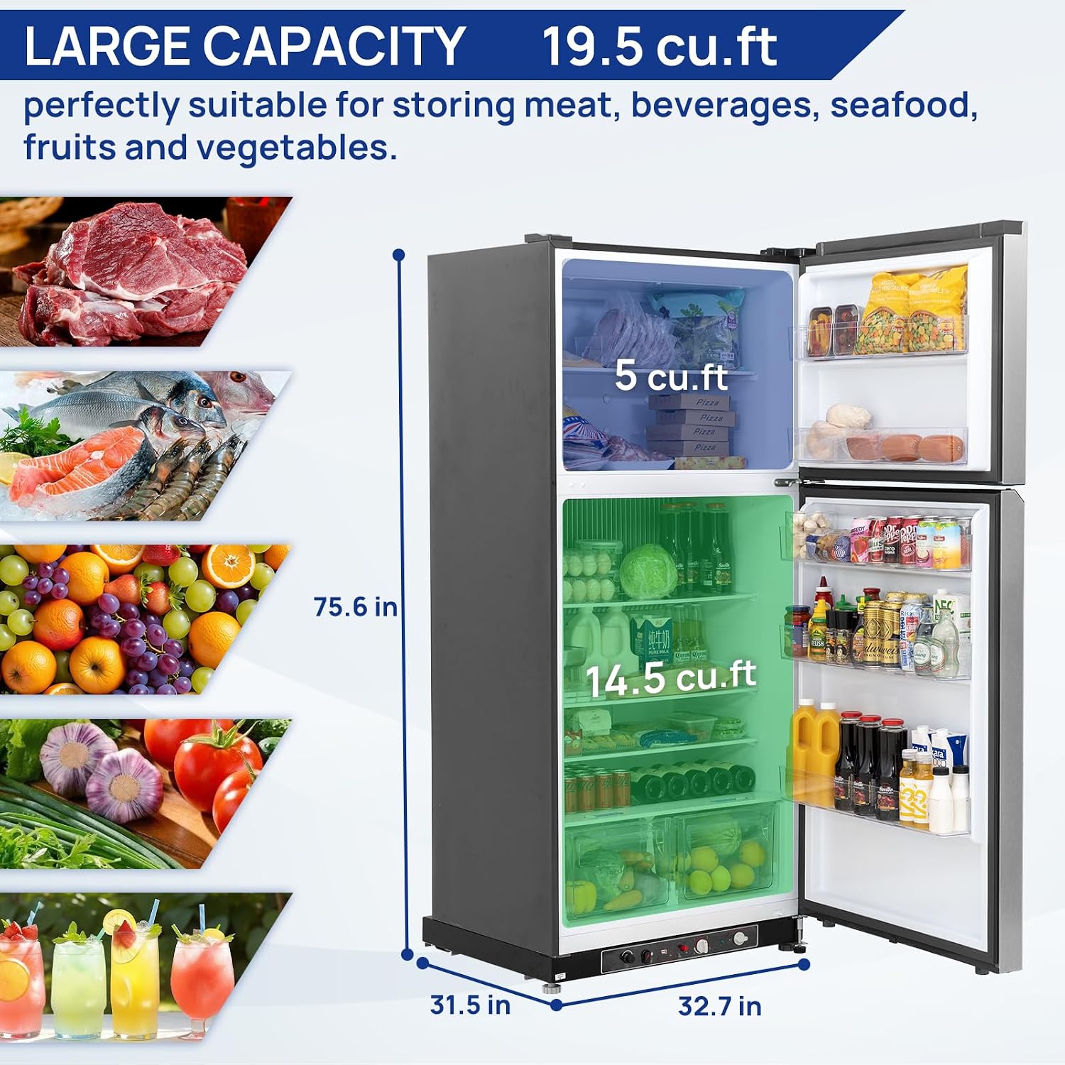 Smad Propane Refrigerator 19.5 cu.ft, Off Grid Propane Refrigerator with Freezer, Propane Fridge Powered 110V/LPG with Top Freezer, for Garage,RV,Cabin,Food Truck,Cottages Use