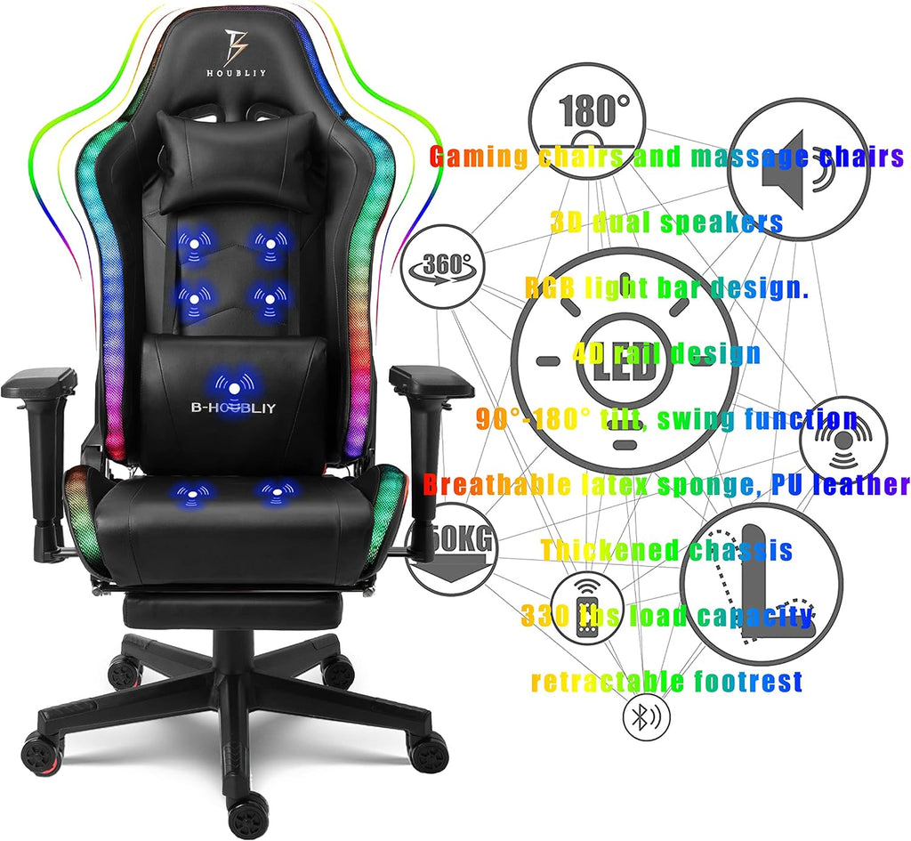 Full Massage High Back Gaming Chair, PC Chair with Footrest and Massage Lumbar Support, Adult Video Gaming Chair with Speakers and RGB Lights, Ergonomic Computer Chair.,Red