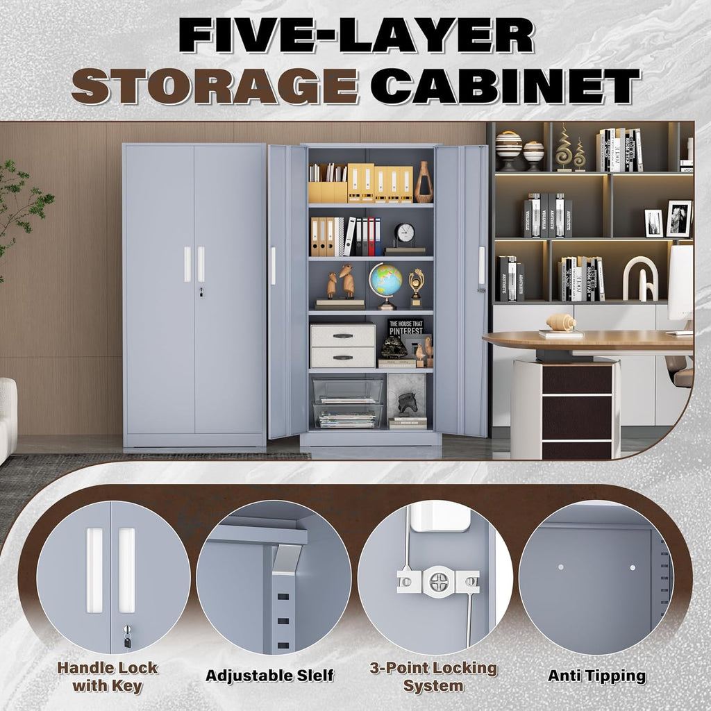 Incbruce 72' Metal Storage Cabinet, Locking Steel Storage Cabinet with 2 Doors and 4 Adjustable Shelves, Tall Lockable Tool for Garage, Home, Office (Cement Grey)