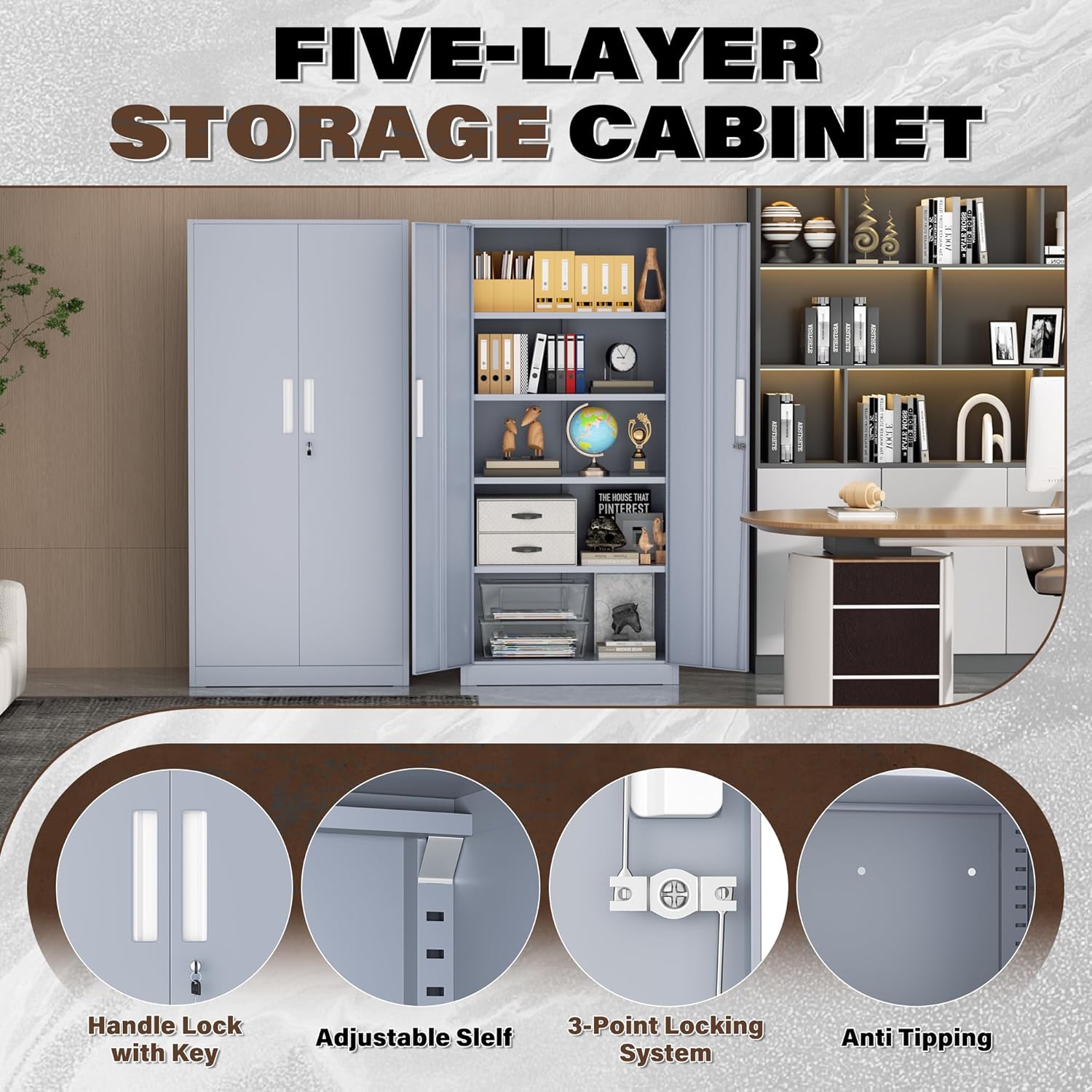 Incbruce 72' Metal Storage Cabinet, Locking Steel Storage Cabinet with 2 Doors and 4 Adjustable Shelves, Tall Lockable Tool for Garage, Home, Office (Cement Grey)