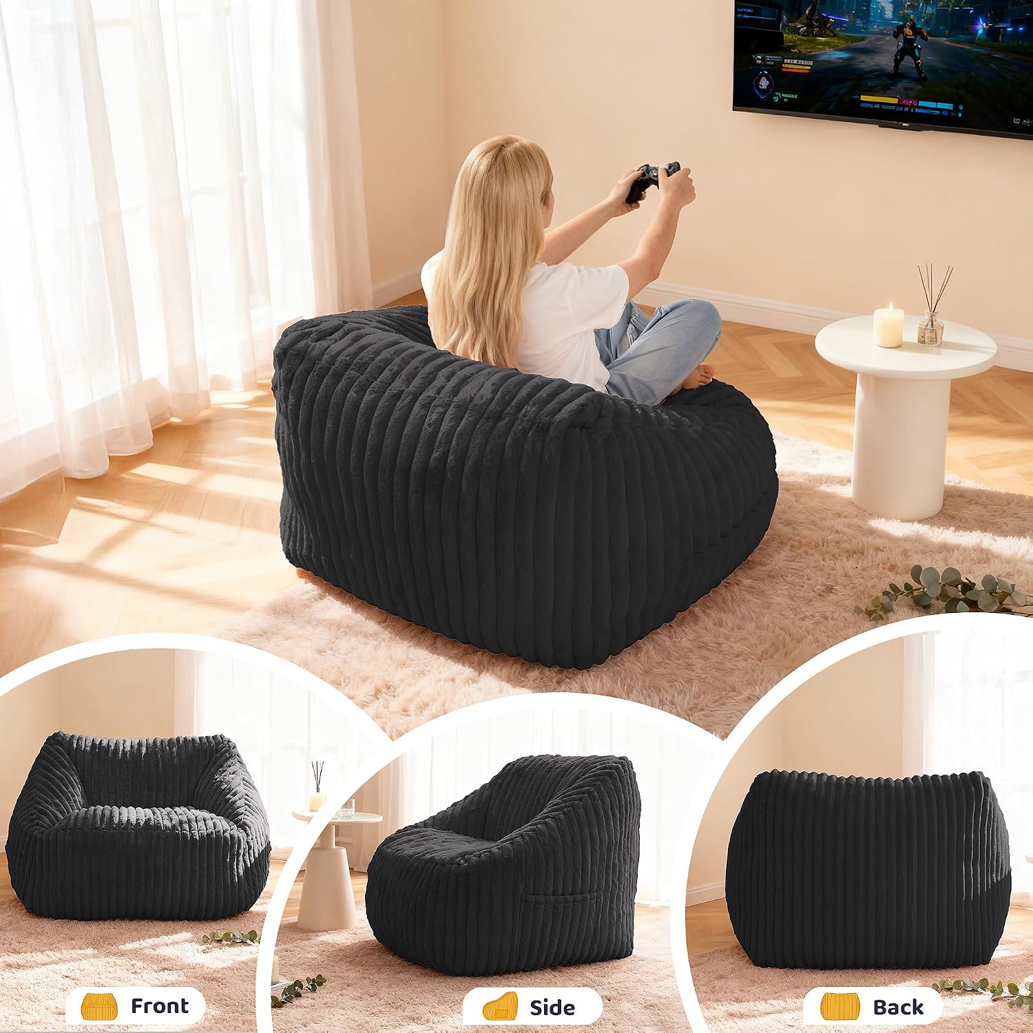 HABUTWAY Bean Bag Chair, Giant Bean Bag Chairs for Adults and Kids, Bean Bag Sofa, Lazy Floor Sofa, Faux Fur Beanbag Chair with Armrests for Living Room Bedroom (Black)
