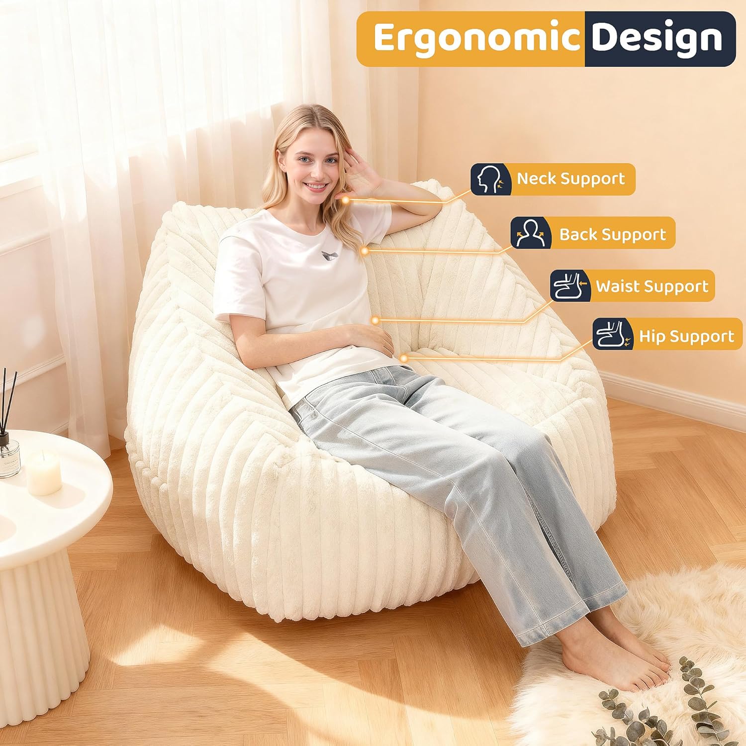 HABUTWAY Bean Bag Chair, Giant Bean Bag Chairs for Adults and Kids, Bean Bag Sofa, Lazy Floor Sofa, Faux Fur Beanbag Chair with Armrests for Living Room Bedroom (Beige)