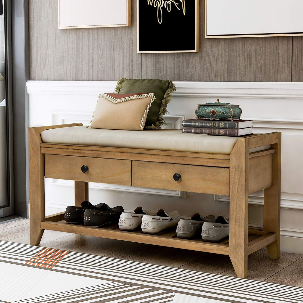 Harper & Bright Designs TREXM Shoe Rack with Cushioned Seat and Drawers, Multipurpose Entryway Storage Bench (Old Pine)