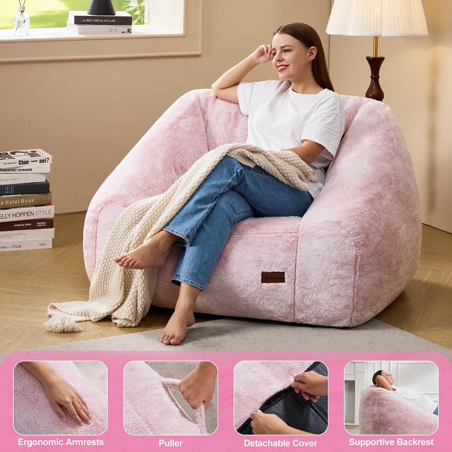 Hobestluk Giant Bean Bag Chair Memory Foam Filled Sofa Chair Bean Bag for Adults/Teens/Kids, Oversized Lazy Accent Comfy Stuffed BeanBag Sofa for Living Room Bedroom Dorm Reading(Light Pink)