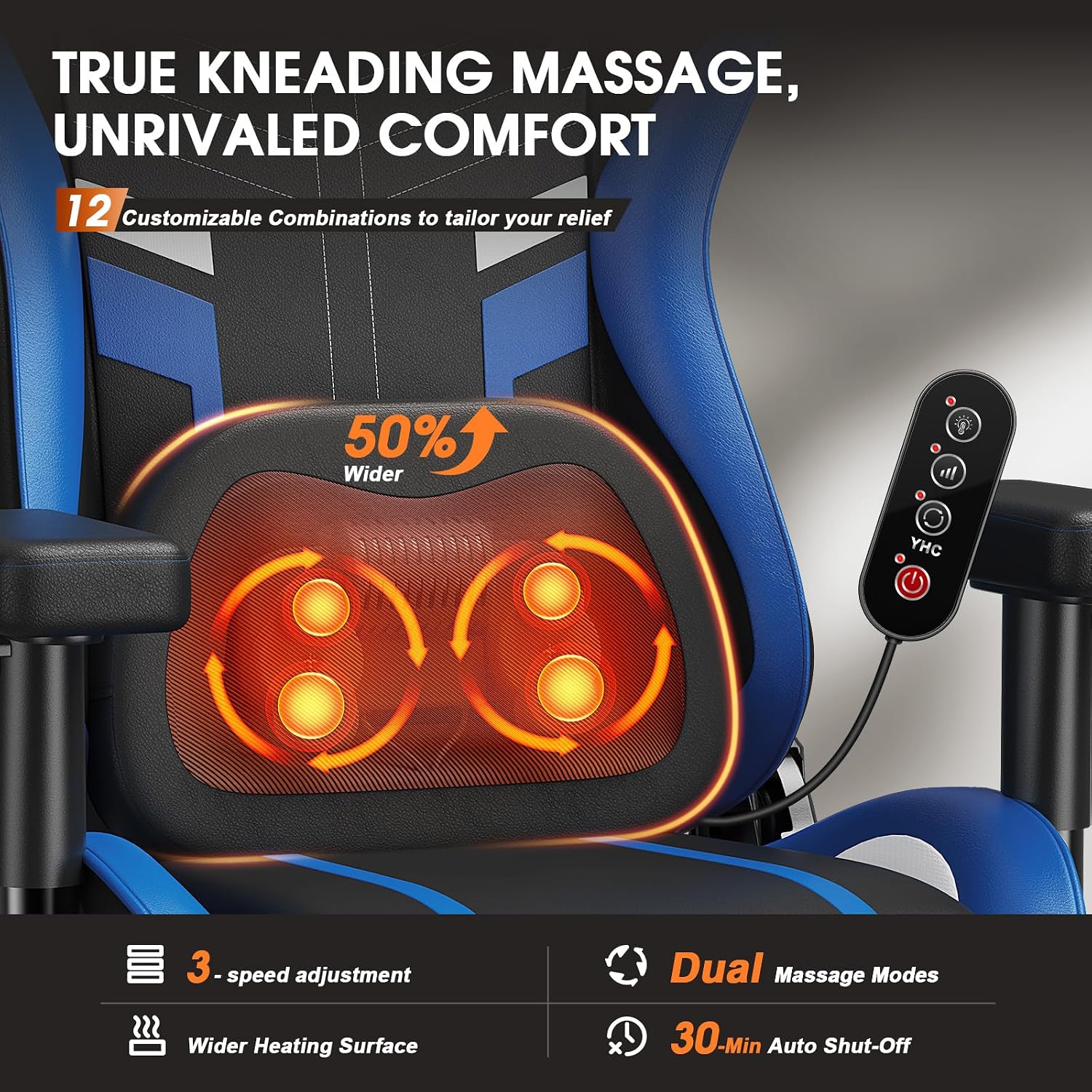 Douxlife 3D Kneading Massage Gaming Chair with Footrest, 400lbs Heavy Duty PC Computer Desk Chair for Adults, Adjustable 2D Armrests, Ergonomic 175° Recline & Optional Heat, Black&Blue