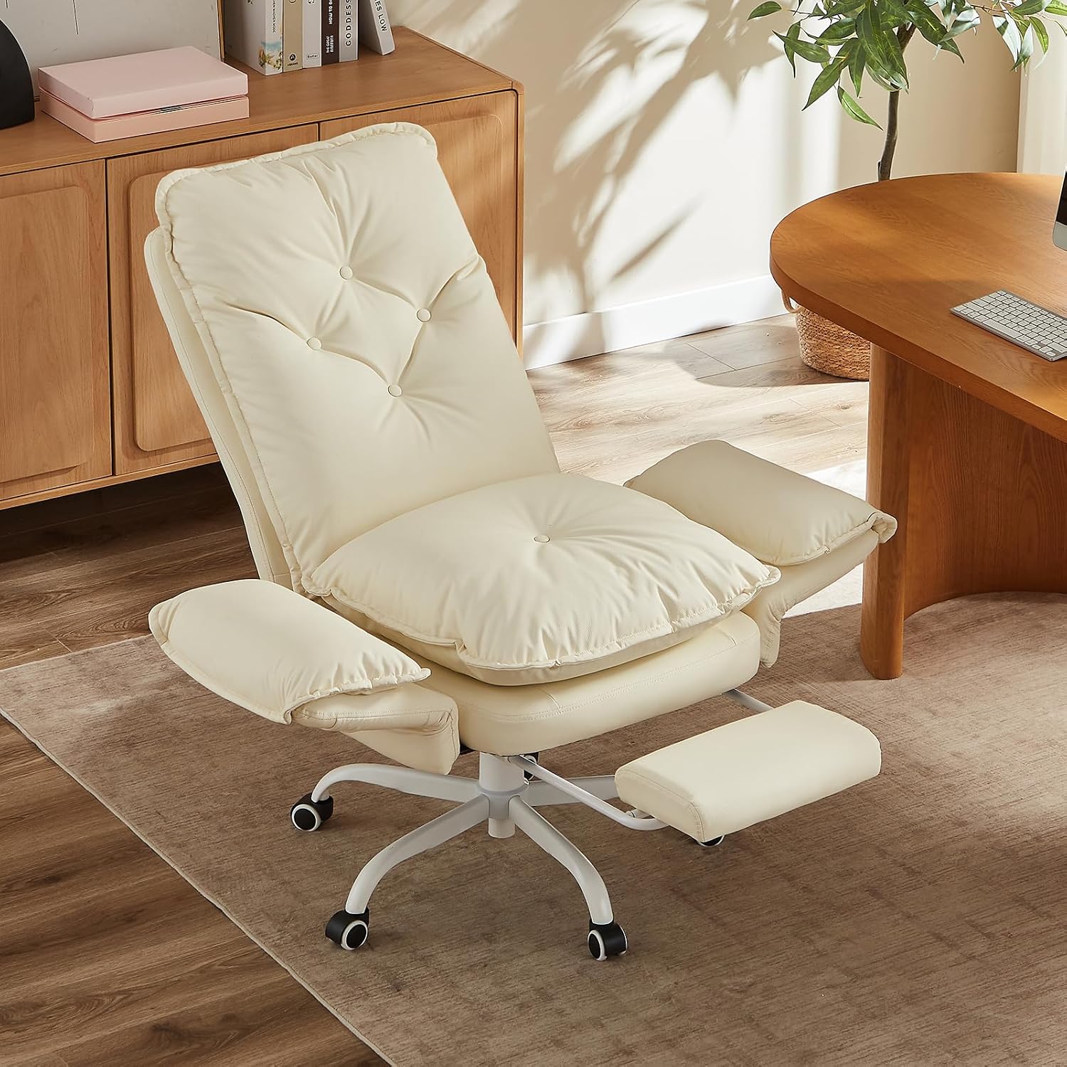 Bestier Cross Legged Office Chair with Footrest, High Back Criss Cross Chair with Reversible Armrests and Wheels, Big and Tall Reclining Office Chair for Home PU Leather Beige