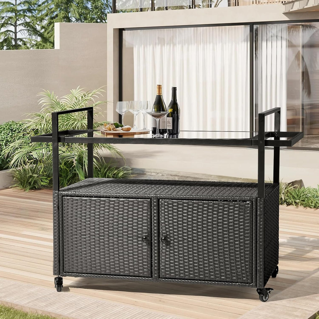Outvita Patio Bar Table, Weatherproof Buffet Cabinet Wicker Outdoor Storage Cart with 2 Doors & Shelves Glass Tabletop for Tableware Wine Bottle and Glass, Towels, and Potting Supplies