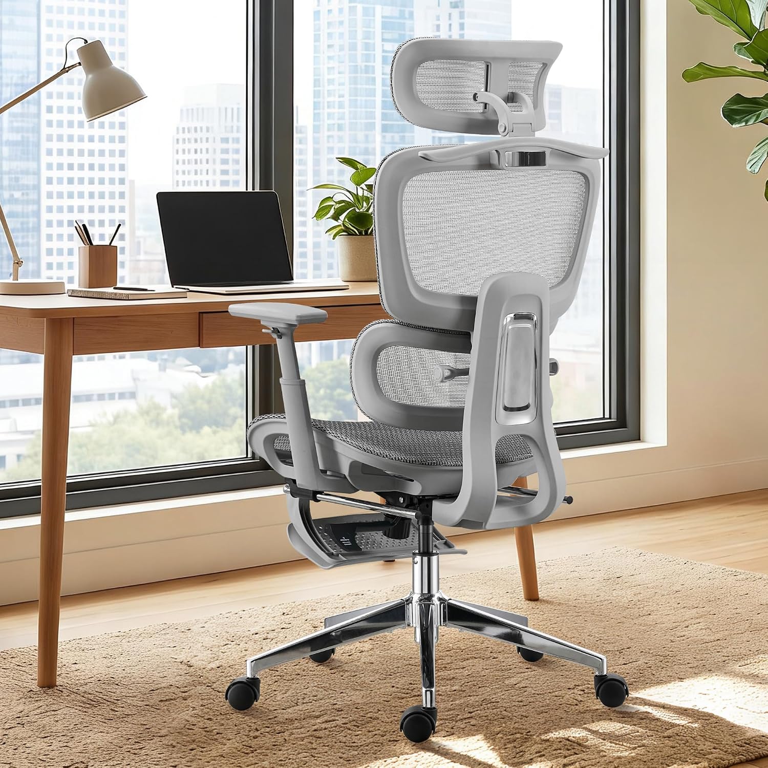Ergonomic Office Chair, Home Mesh Desk Computer Chair, Comfortable Gaming Chair with Footrest, Wheels, Adjustable 2D Headrest, Lumbar Support, High Back and 3D Armrest, Grey