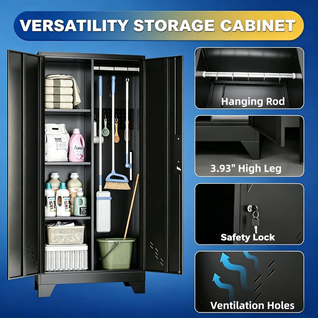 Broom Closet Storage Cabinet, 61' H Metal Storage Cabinet with Locking Doors and Pegboard, Utility Closet for Garage, Laundry Room, Living Room, Home Office