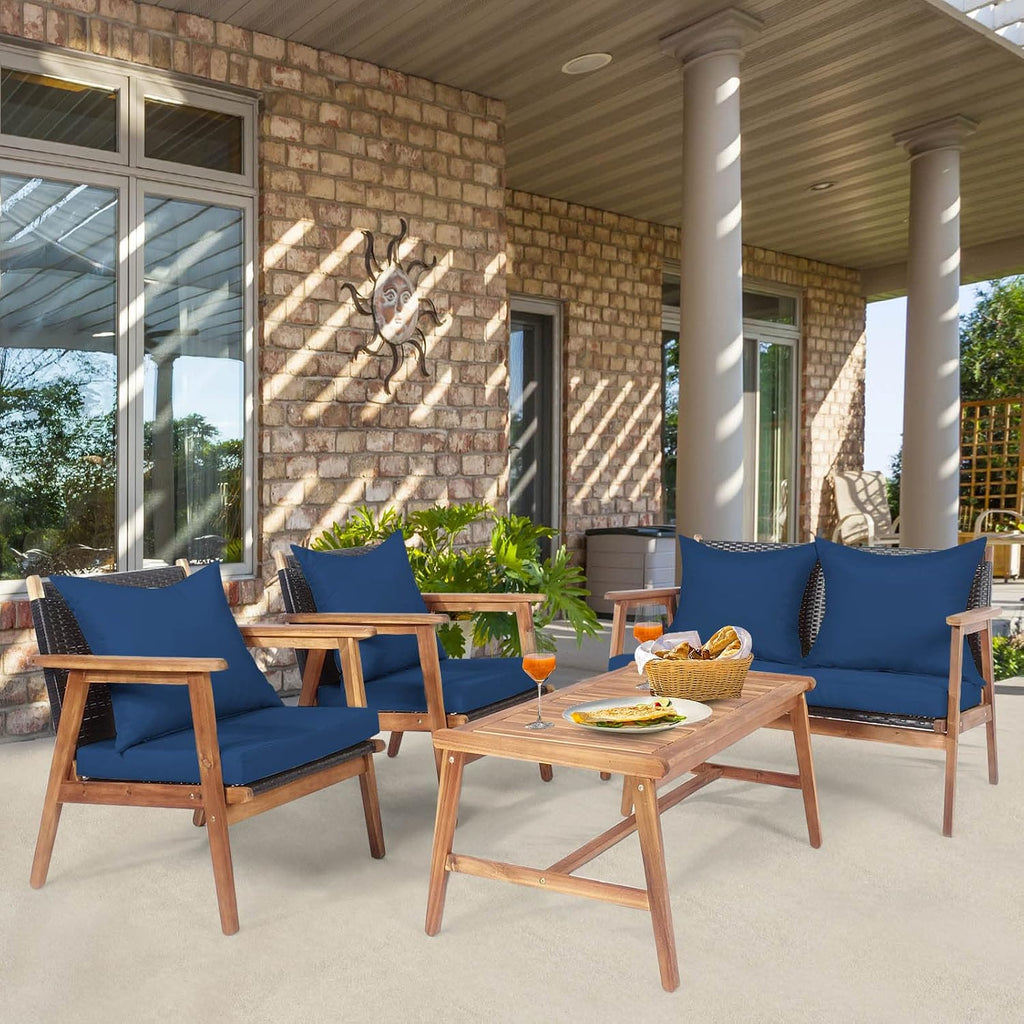 Tangkula 8-Piece Patio Furniture Set, Outdoor Acacia Wood Conversation Set with Cushions and Coffee Table, Outdoor PE Wicker Sectional Sofa Set for Garden, Poolside and Backyard (2, Navy)