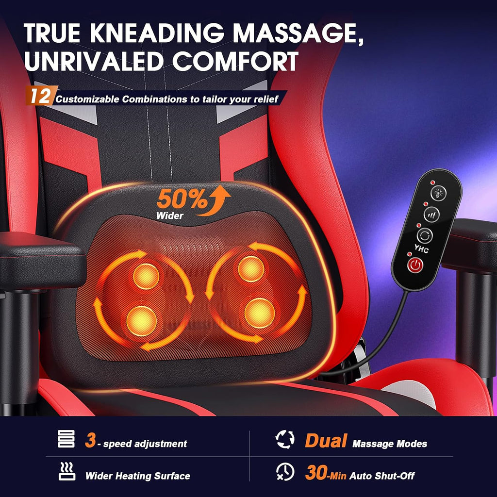 Douxlife 3D Kneading Massage Gaming Chair with Footrest, 400lbs Heavy Duty PC Computer Desk Chair for Adults, Adjustable 2D Armrests, Ergonomic 175° Recline & Optional Heat, Black&Red
