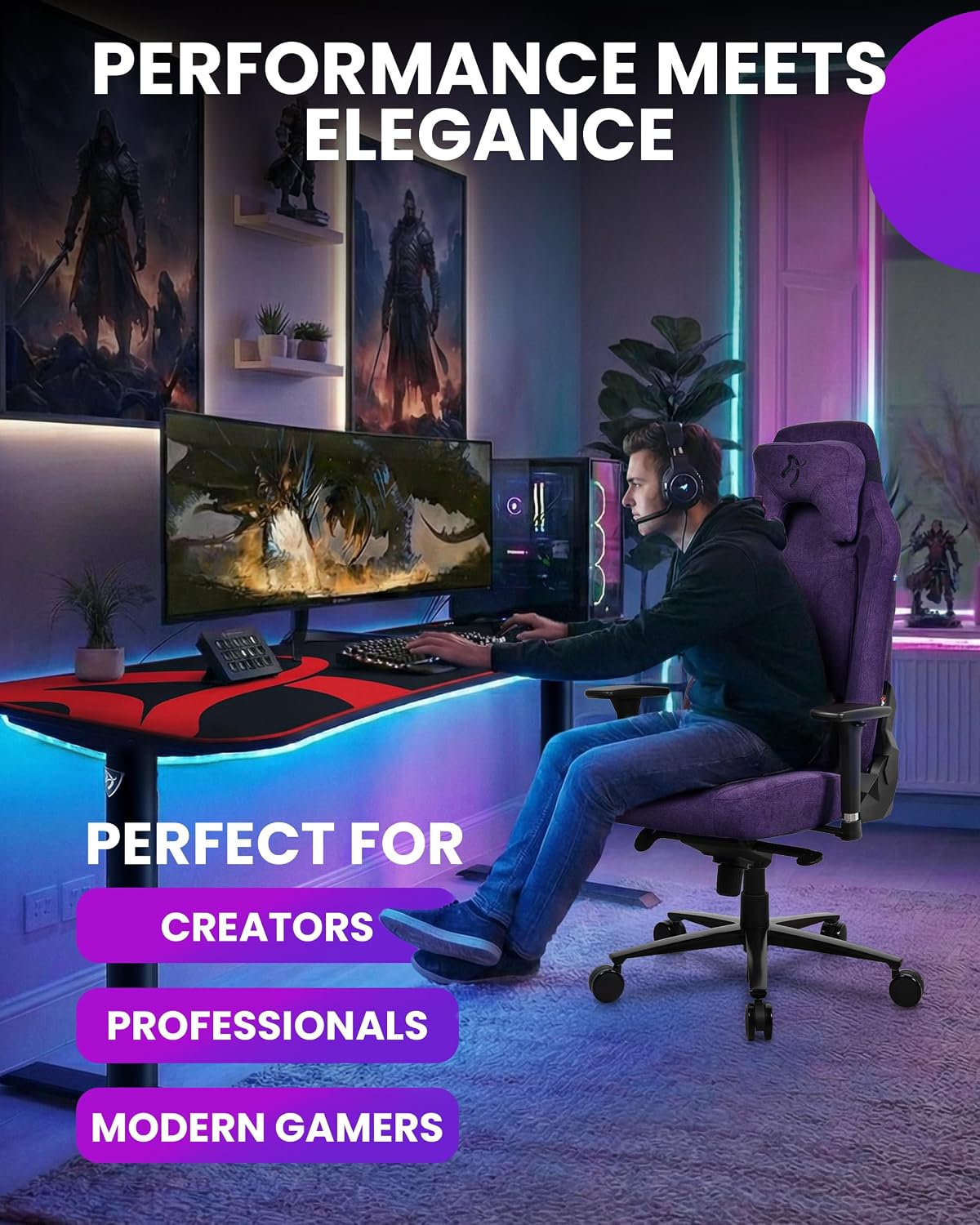 Arozzi Vernazza Gaming Chair - Soft Fabric Gaming Chairs for Adults Adjustable Height, Large Spacious Seat & Backrest with Support Pillows - Swedish Design Home Office Computer Chairs, Purple