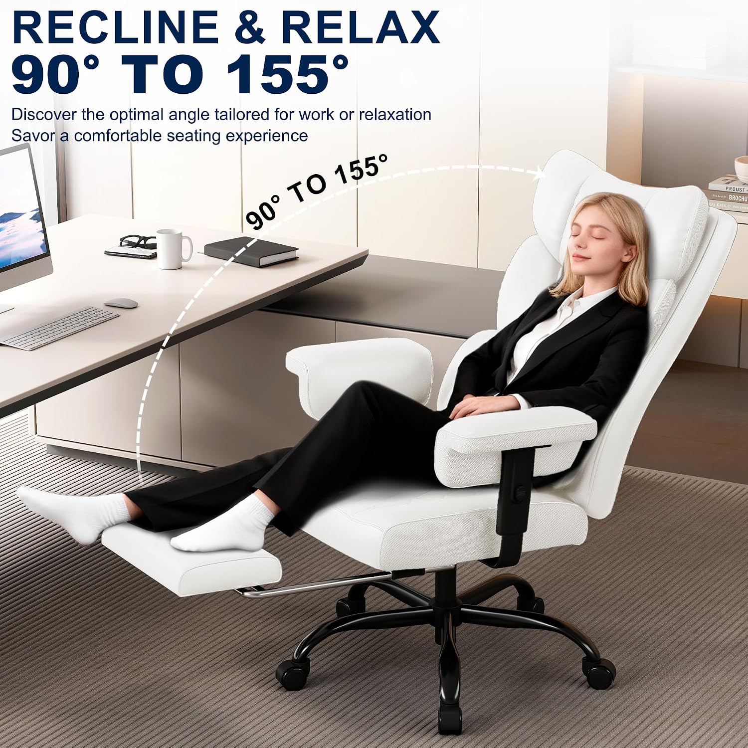 Misolant Big and Tall Office Chair with Footrest, High Back Executive Desk Chair with Adjustable Lift Armrest, 155°Recline，Lumbar Support Pillow, Faux Leather Gaming Chairs for Home or Office
