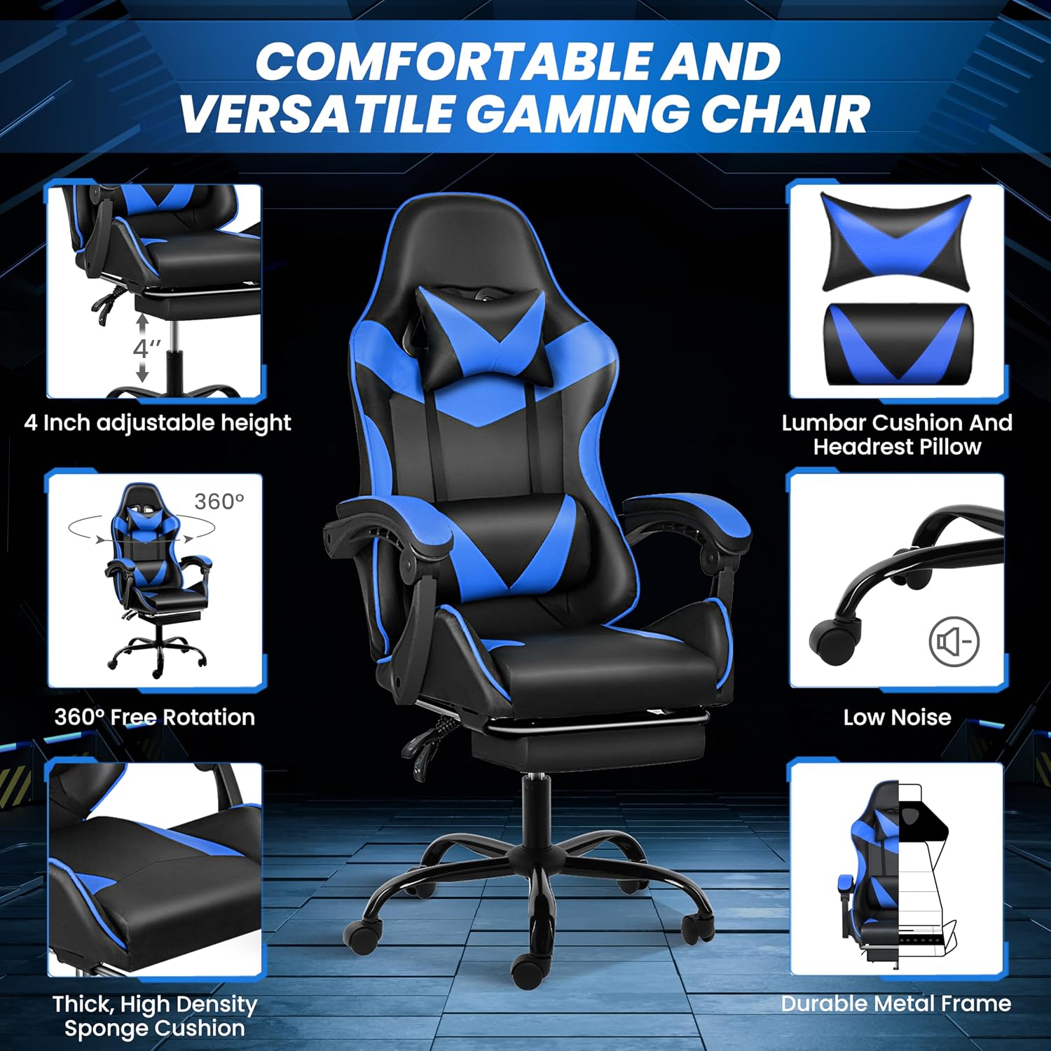 YSSOA Gaming Chair, Computer Chair with Footrest, Height Adjustable & 90°-135° Tilt Function, Swivel Recliner Ergonomic Racing Style Video Game Chair with Lumbar Support (Black/Blue)