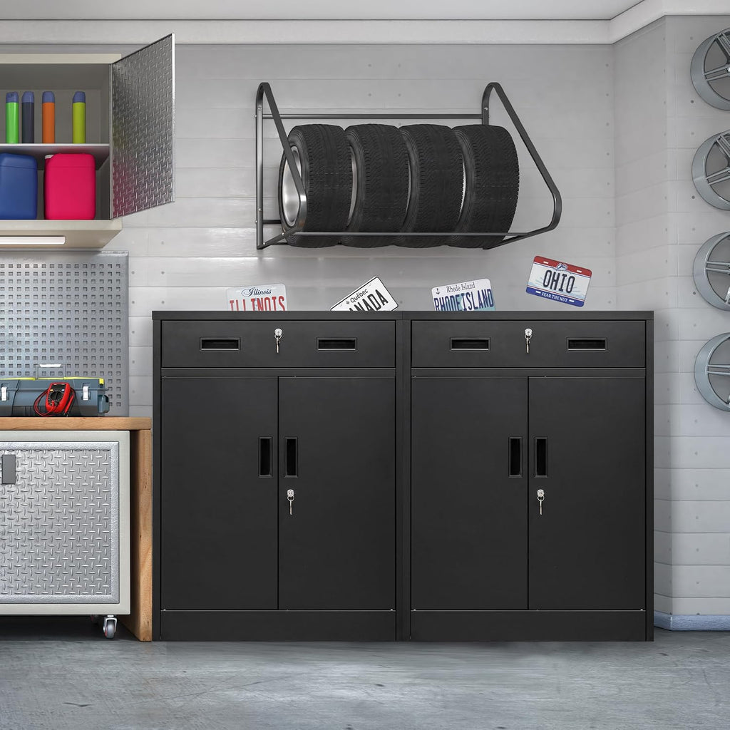 Wanfu Metal Storage Cabinet, Locking Cabinet with 1 Drawer and Adjustable Shelf, 36' H x 28' W x 16' D Metal Cabinets for Office, Garage, Home-Black