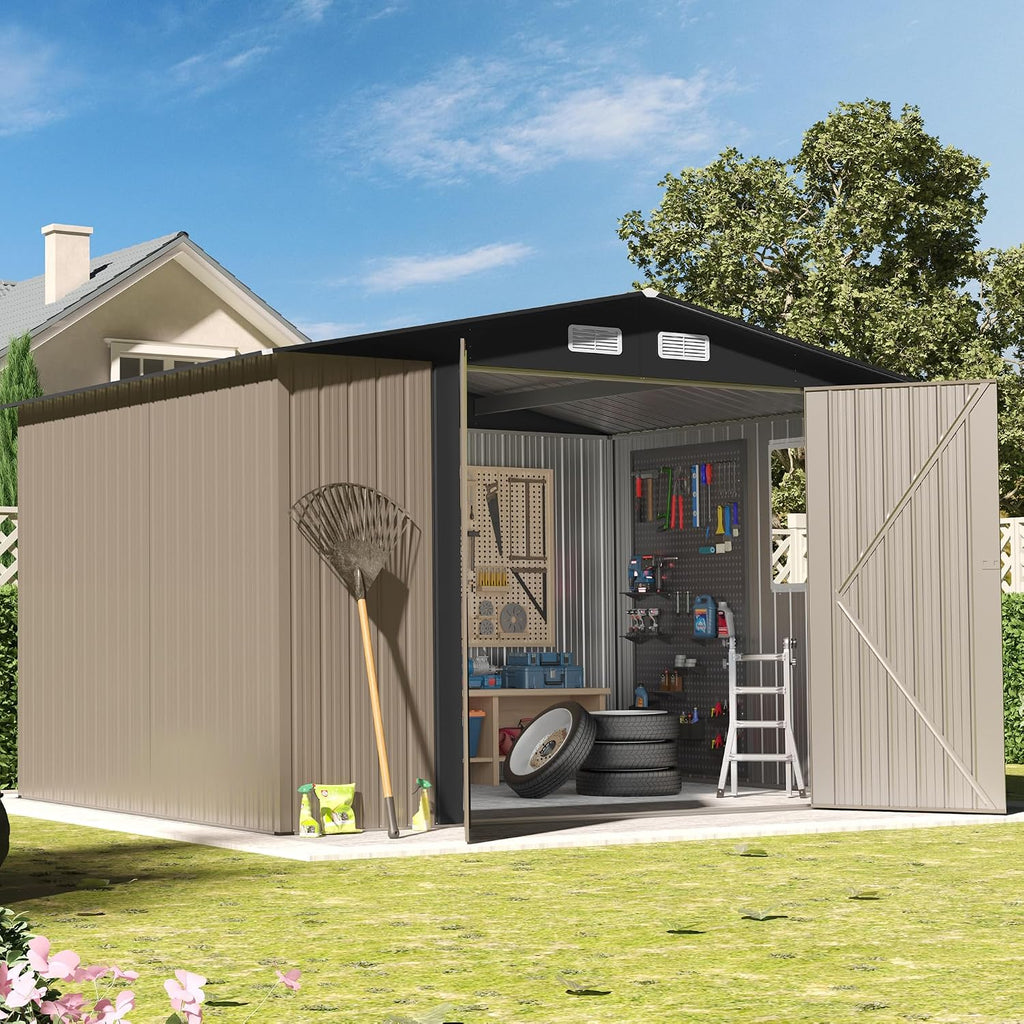 8×10 FT Metal Tool Storage Shed with Window, Weather Resistant Outdoor Storage Shed with Lockable Double Doors for Backyard, Patio Lawn, Garden
