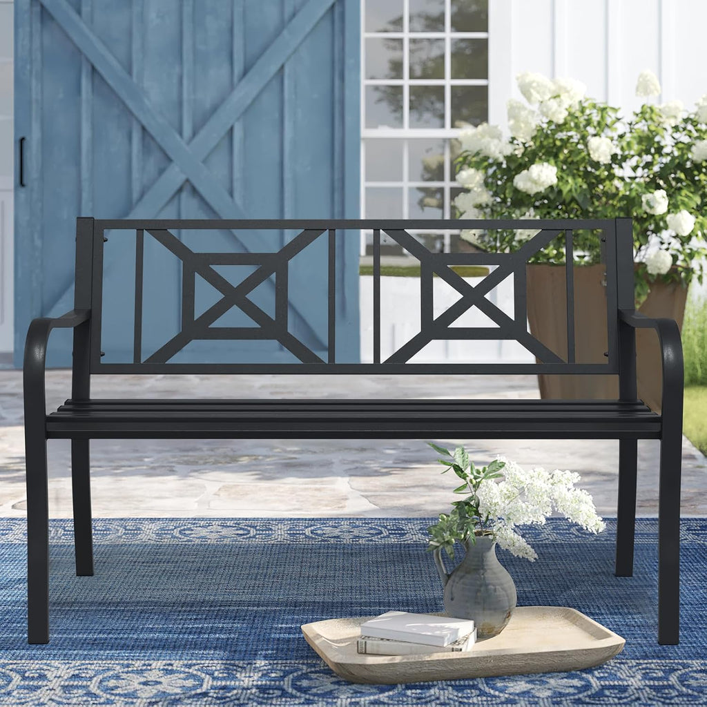 Black Outdoor Bench, Metal Weatherproof Garden Bench Cast Iron Heavy-Duty Patio Bench with Decorative Backrest for Proch Park 880lb Capacity