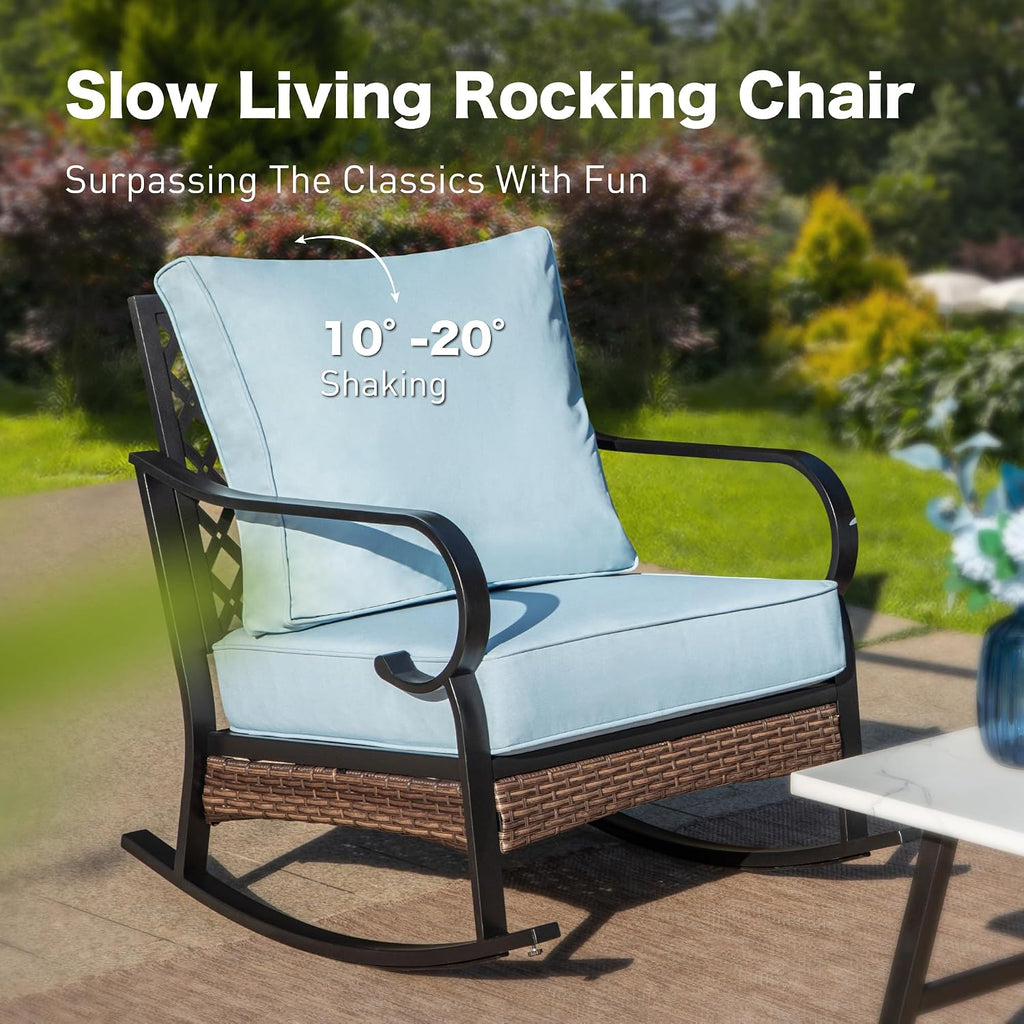 SUNSHINE VALLEY 4 PCS Metal Outdoor Patio Furniture Set, Patio Conversation Sets 1 3-Seater Sofa, 2 Rocking Chairs with 5.75' Extra Thick Cushion & Coffee Table, Black Frame Backyard Furniture, Blue