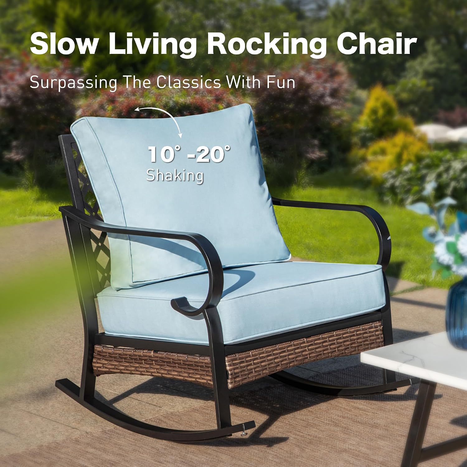 SUNSHINE VALLEY 4 PCS Metal Outdoor Patio Furniture Set, Patio Conversation Sets 1 3-Seater Sofa, 2 Rocking Chairs with 5.75' Extra Thick Cushion & Coffee Table, Black Frame Backyard Furniture, Blue
