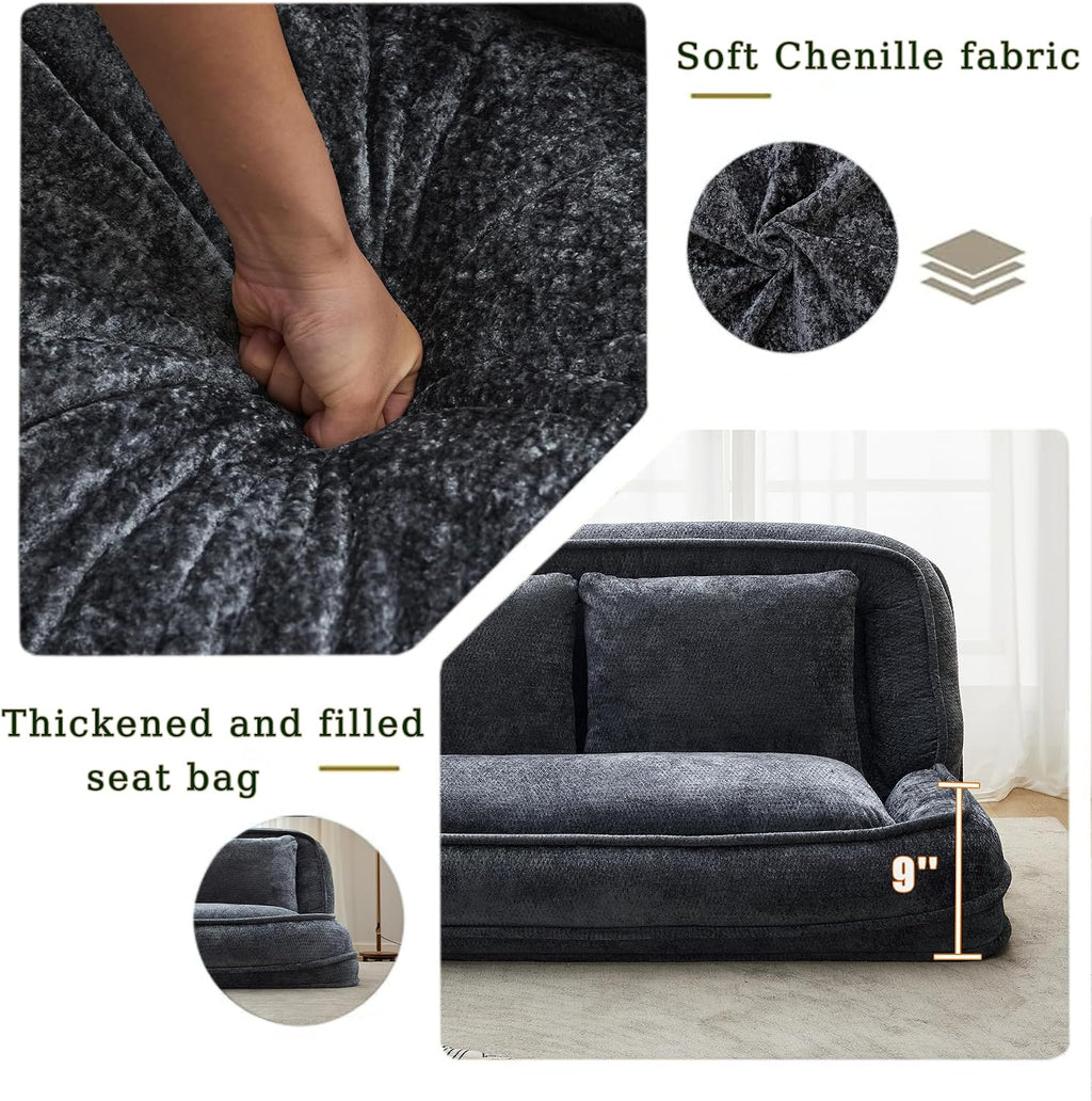 Floor Chair with Back Support, Human Dog Bed, Folding Loveseat with 5 Adjustable Position, 2 Pillows, Chenille Meditation Gaming Chair for Lazy Boys, Living Room, Lounge, Bedroom, Dark Grey