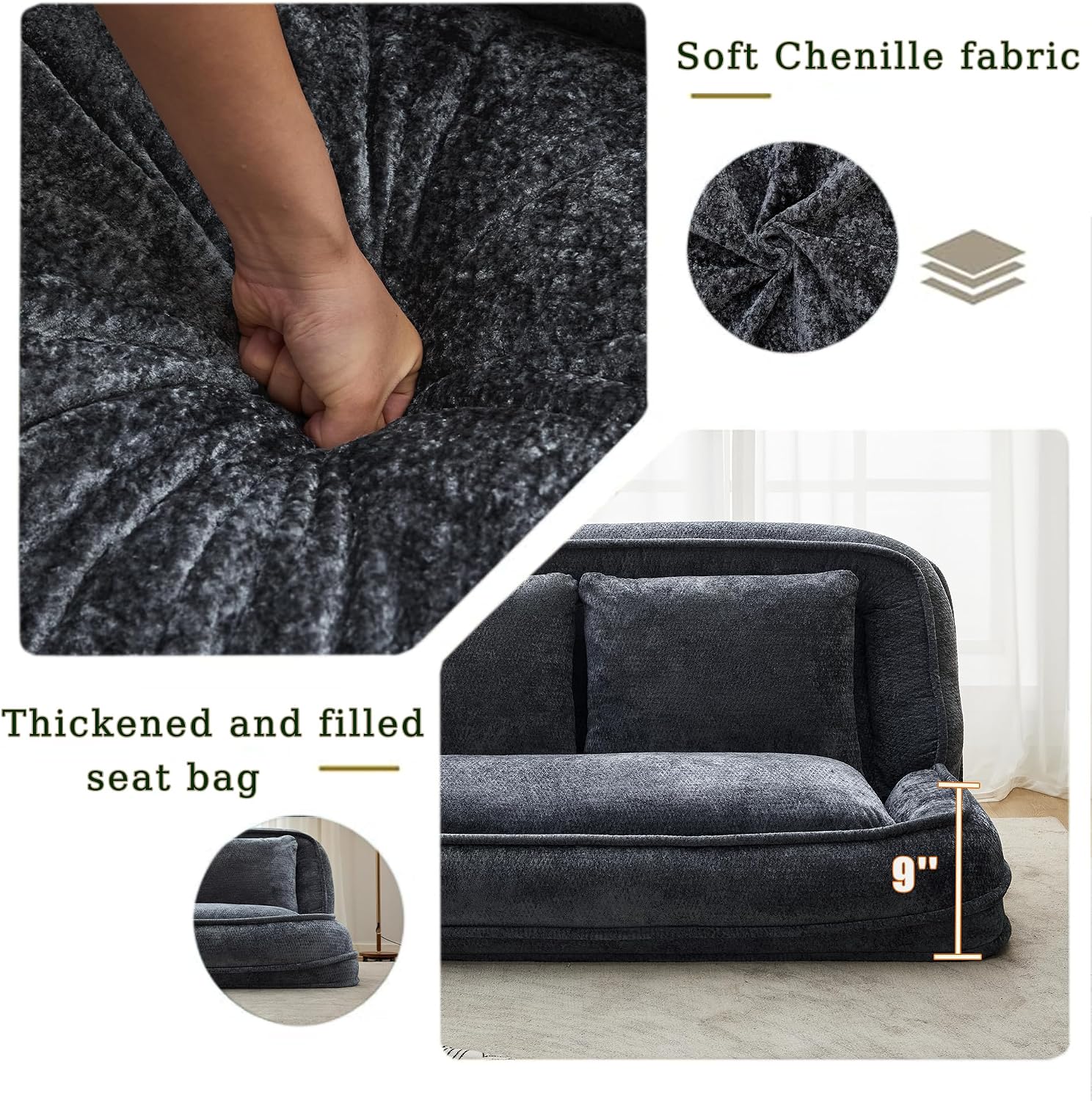 Floor Chair with Back Support, Human Dog Bed, Folding Loveseat with 5 Adjustable Position, 2 Pillows, Chenille Meditation Gaming Chair for Lazy Boys, Living Room, Lounge, Bedroom, Dark Grey
