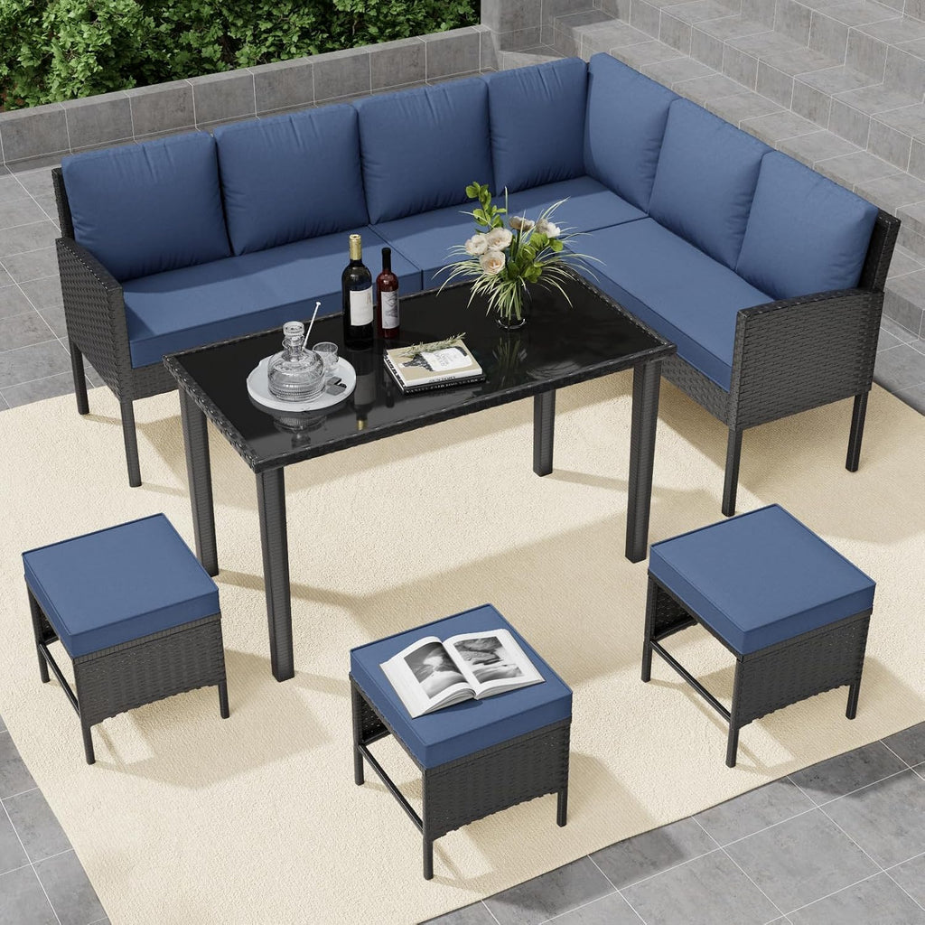 7-Piece Outdoor Patio Furniture Set, Wicker Sectional Sofa with Seat & Back Cushions, All-Weather Conversation Set with Long Glass Coffee Table for Garden, Porch, Lawn, Khaki