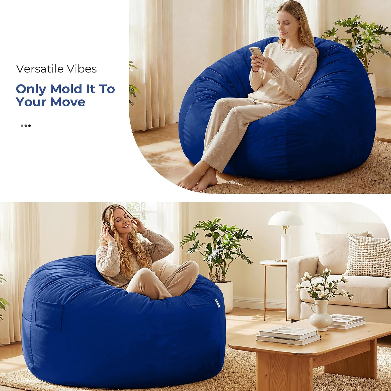 HABUTWAY Bean Bag Chair: Giant 5' Memory Foam Furniture Bean Bag Chair for Adults with Microfiber Cover 5Ft (Blue)