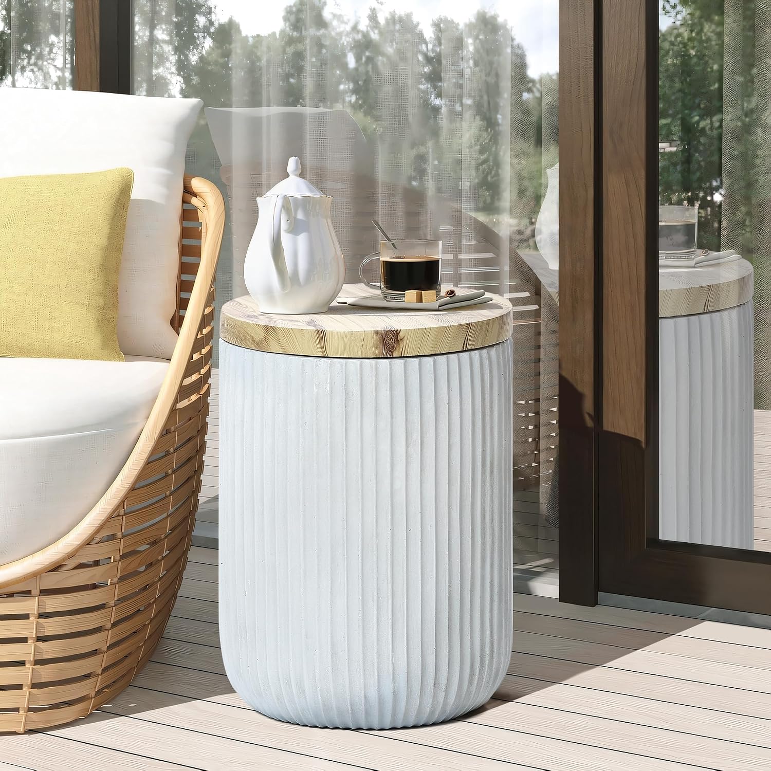 LuxenHome 18' Outdoor Side Table with Storage, Cement Patio End Table with Wood Finish Lid, Accent Table for Patio, Porch, Poolside, Backyard, Outside, Indoor, Garden Stool, Drum, Plant Stand