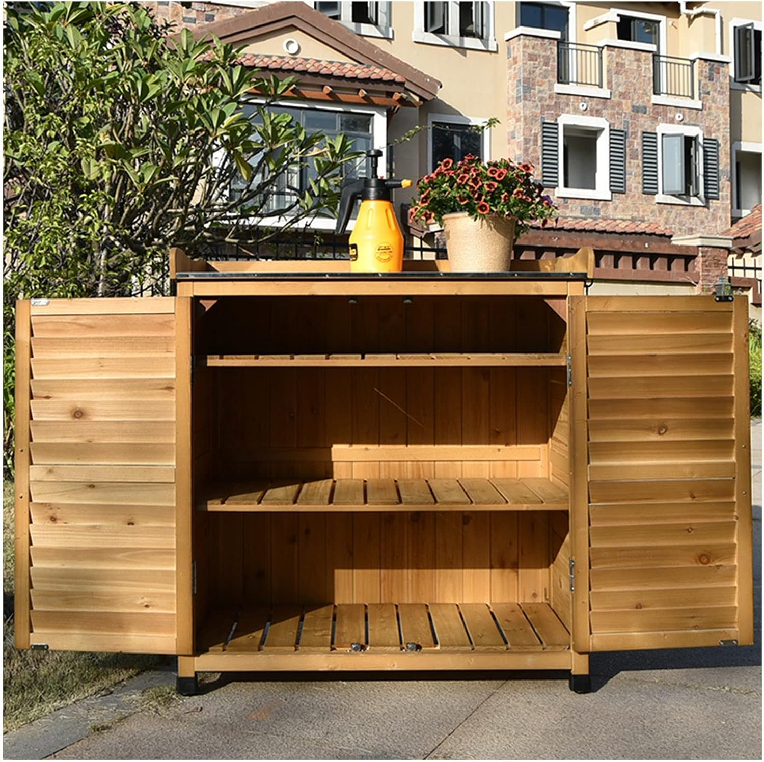 Furniture Waterproof Tool Shed Outdoor Garden Patio Storage Cabinet with Potting Benches Outdoor Work Station Table (Color : Brown)