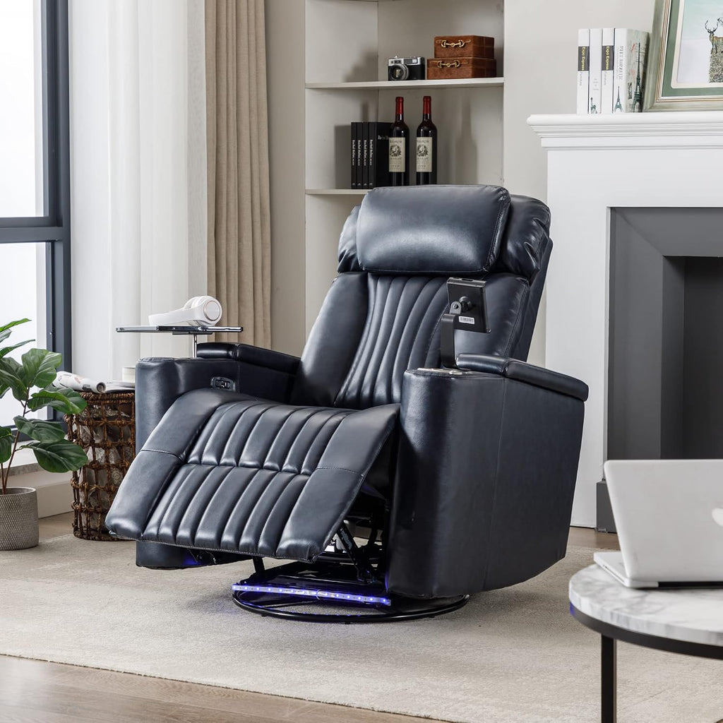 Merax 270 Degrees Power Swivel Recliner,Home Theater Seating with Hidden Arm Storage and LED Light Strip,Cup Holder,360 Degrees Swivel Tray Table,and Cell Phone Holder,Soft Living Room Chair,Blue