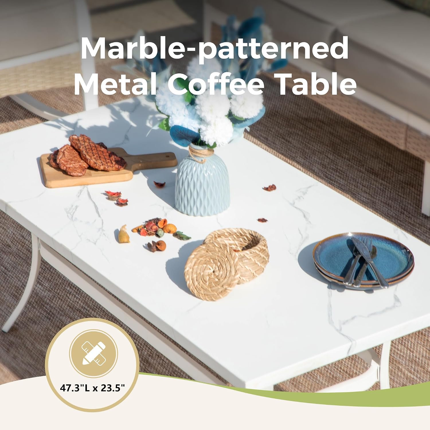 MIXPATIO 4 Piece Patio Furniture Set, 2 x Swivel Chair, 1 x 3-Seat Sofa with Marbling Coffee Table, All Cushioned 5 Seats Outdoor Conversation Set for Lawn Garden Backyard, Beige