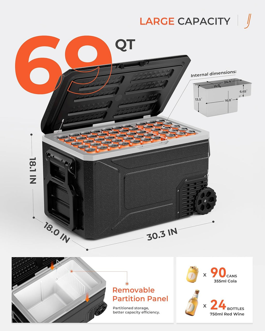 EKOJUCE 12V Refrigerator, 69 Quart Electric Cooler, 12V/24V DC 100~240V AC, 12v cooler -4℉~68℉, Portable Freezer with Wheels for Truck, RV, Camping,Travel