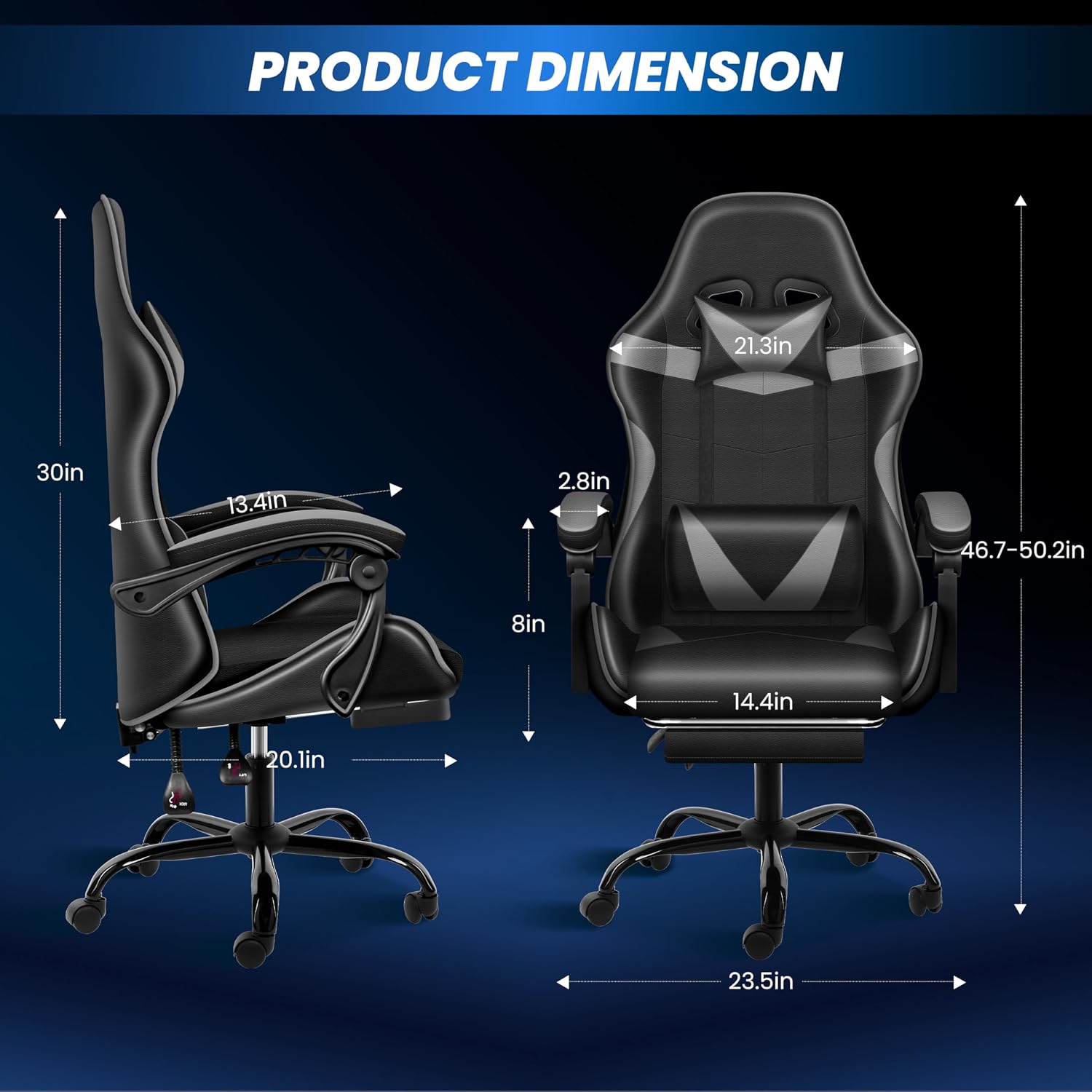 YSSOA Gaming Chair, Computer Chair with Footrest, Height Adjustable & 90°-135° Tilt Function, Swivel Recliner Ergonomic Racing Style Video Game Chair with Lumbar Support (Black/Grey)