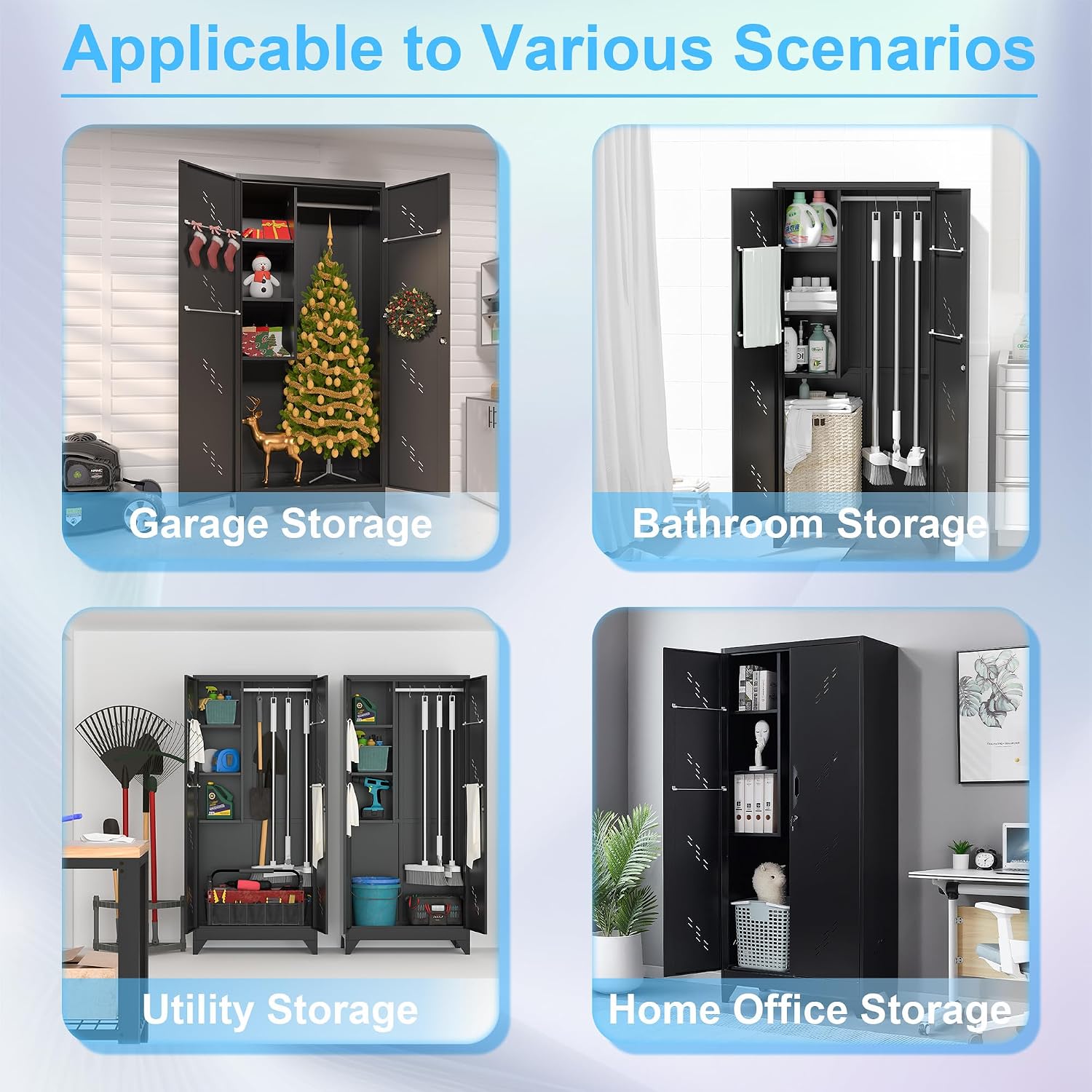 OSEILLC Metal Storage Cabinet with Locking Doors, 75' Tall Garage Cabinet with Hanging Rod, Broom Closet/Freestanding Bathroom Storage Cabinet, Cleaning Tool Storage