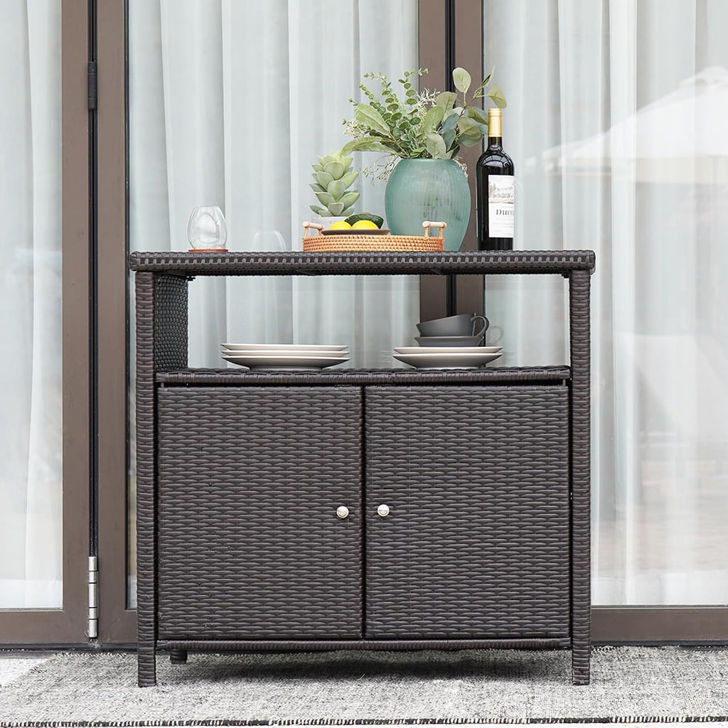 Grand patio Wicker Storage Cabinet Outdoor Wicker Sideboard Waterproof Buffet Cabinet for Garden Kitchen Pool Dark Brown