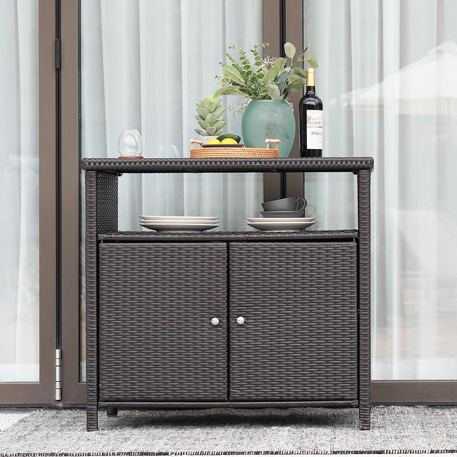 Grand patio Wicker Storage Cabinet Outdoor Wicker Sideboard Waterproof Buffet Cabinet for Garden Kitchen Pool Dark Brown